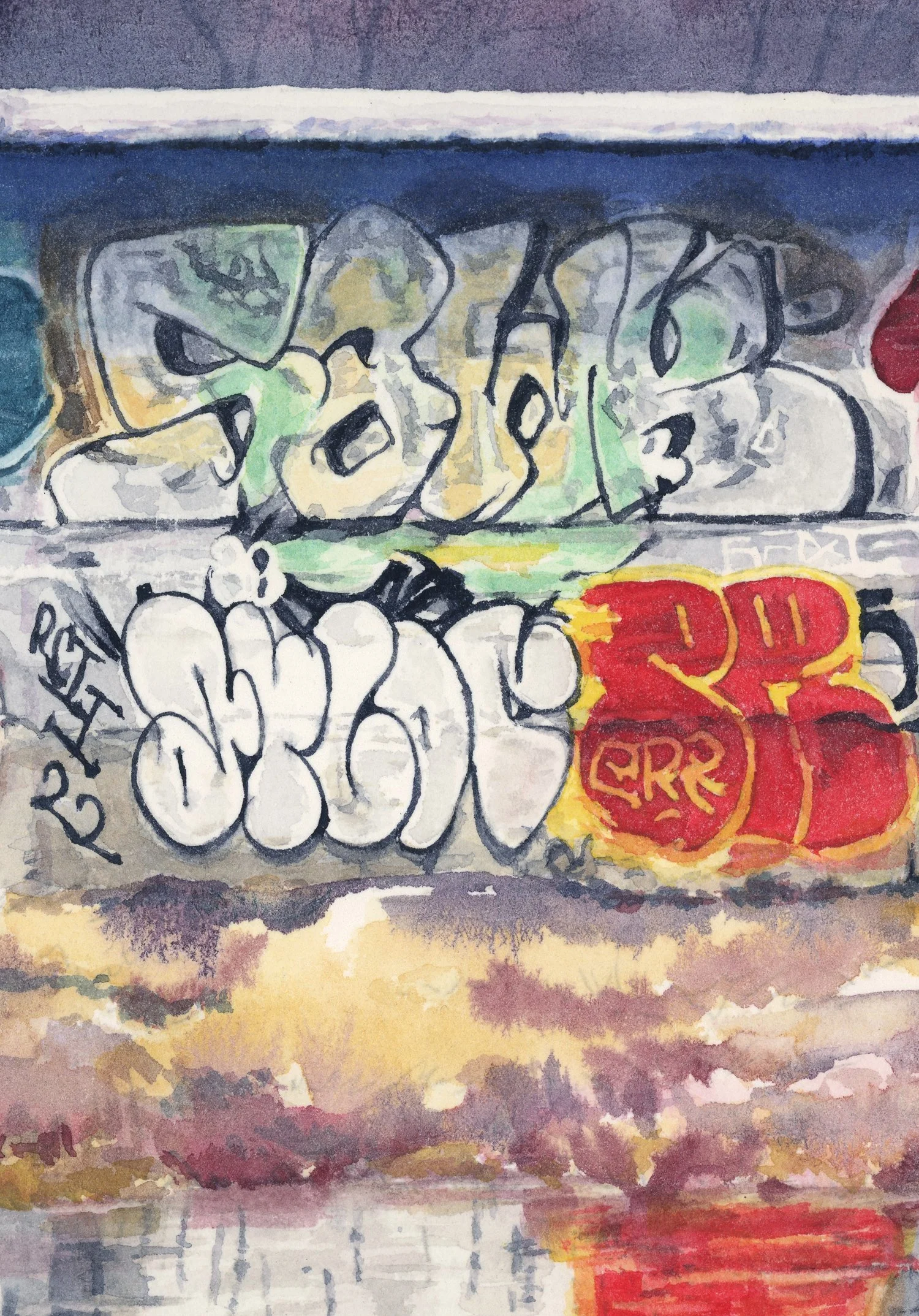 The Illuminated Fountain, detail of the watercolor painting by Canadian artist JC Little, the fountain at Parc La Fontaine in Montreal, covered in graffiti tags.