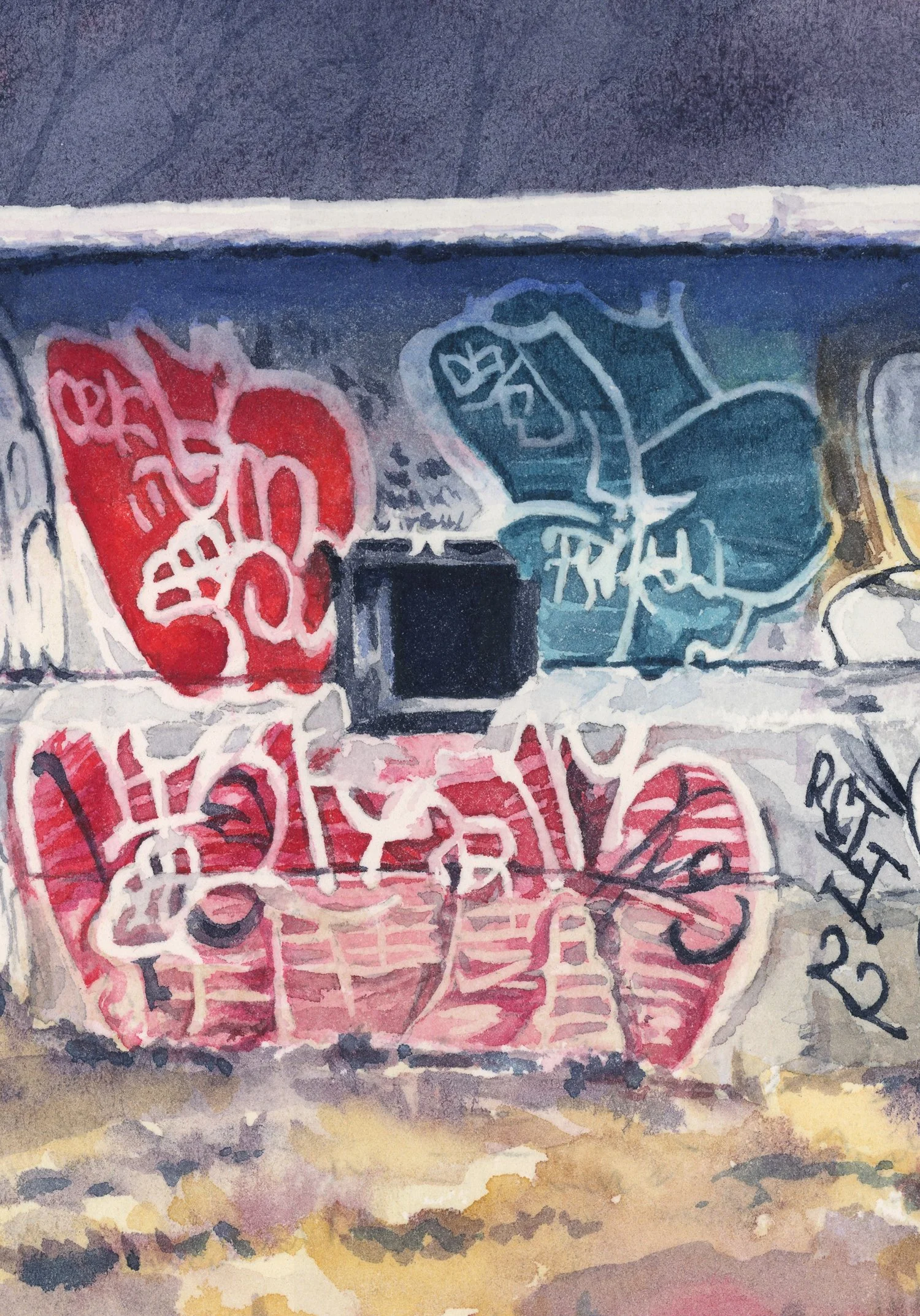The Illuminated Fountain, detail of the watercolor painting by Canadian artist JC Little, the fountain at Parc La Fontaine in Montreal, covered in graffiti tags.