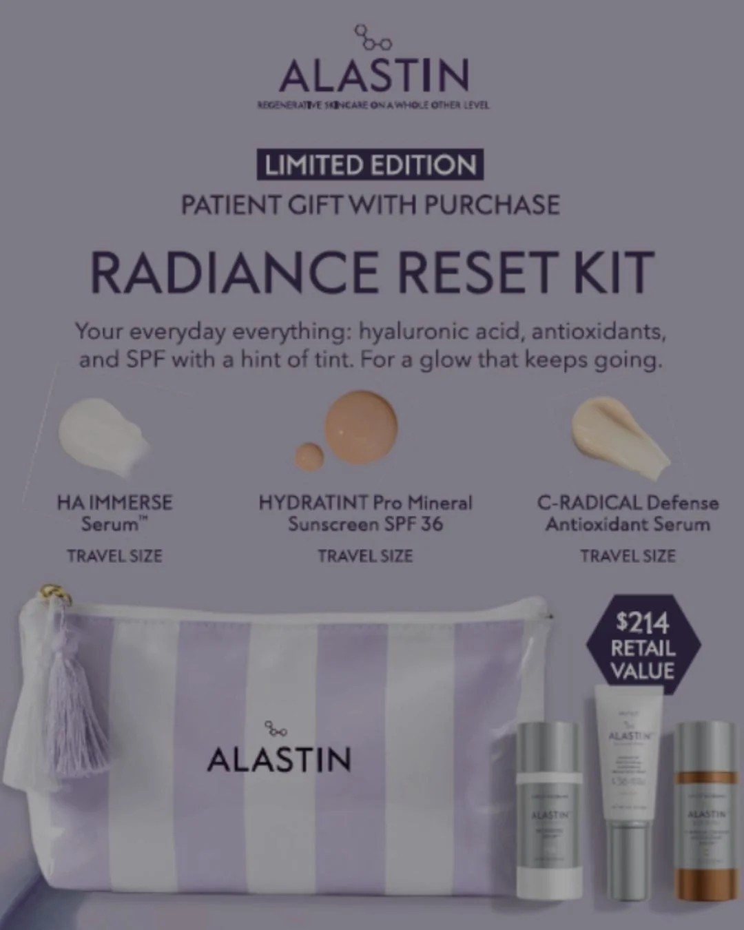 🦋 Buy a Chrysalis Peel package + get a FREE ALASTIN travel skincare kit:
&bull; HA Immerse
&bull; C-Radical
&bull; Hydratint SPF

Perfect for glowing, protected summer skin &mdash; with NO downtime 🙌 

#alastinskincare #alastin #spf #trihextechnolo