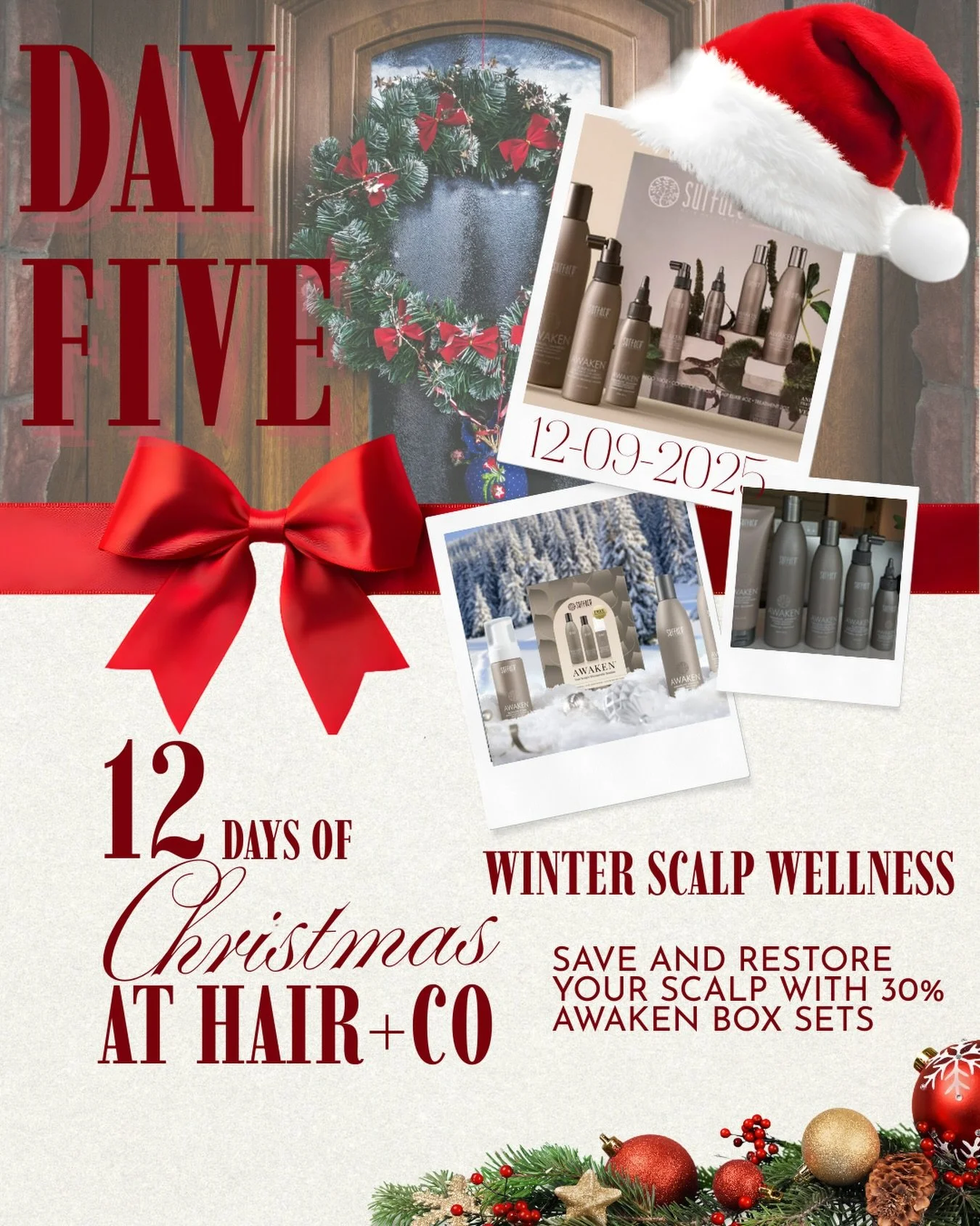 ❄️ Day Five of our 12 Days of Christmas at Hair + Co! ❄️
Give your scalp the winter TLC it deserves ✨
Today only &mdash; enjoy 30% off Awaken Box Sets to soothe, restore, and revive your scalp all season long. 🤍

#HairAndCo #12DaysofChristmas #Scalp