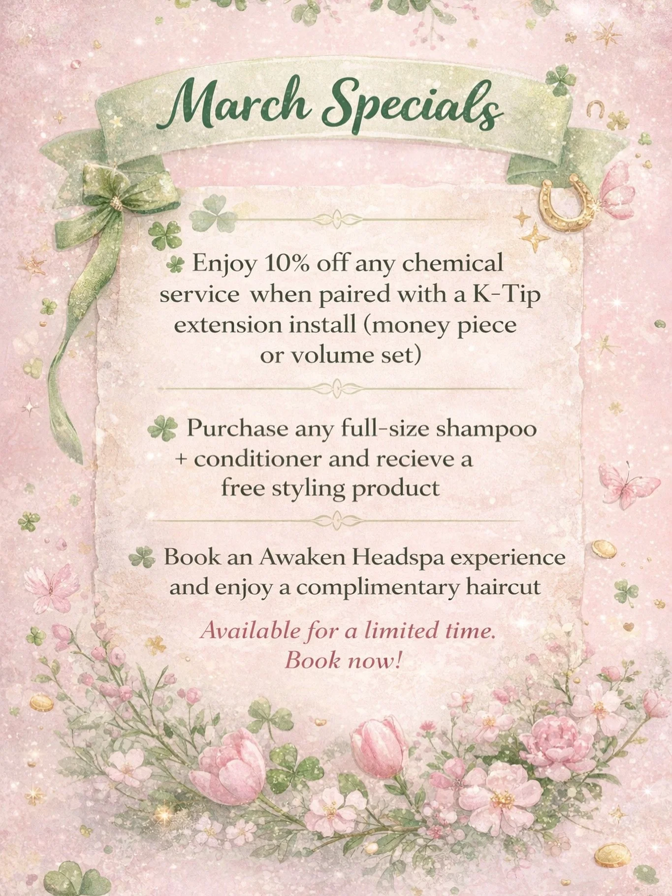 Spring has sprung! 🌸😊🍀 March appointments seem to be filling up fast, so book your favorite stylist, day and time while you can! We can&rsquo;t wait to see you! 💖