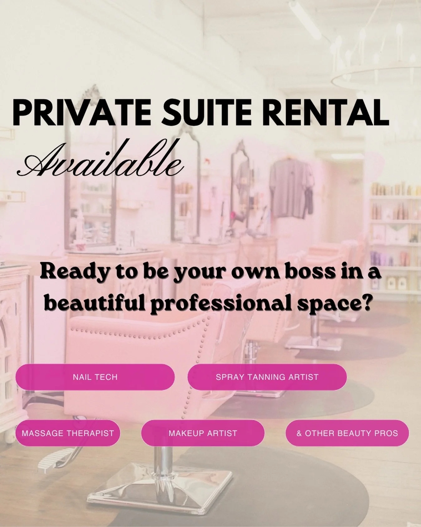 ✨ Your business. Your space. Your next level. ✨

A private suite is now available inside our beautiful, professional salon&mdash;and it&rsquo;s perfect for the right beauty pro ready to grow independently without sacrificing luxury.

Ideal for:
💅 Na