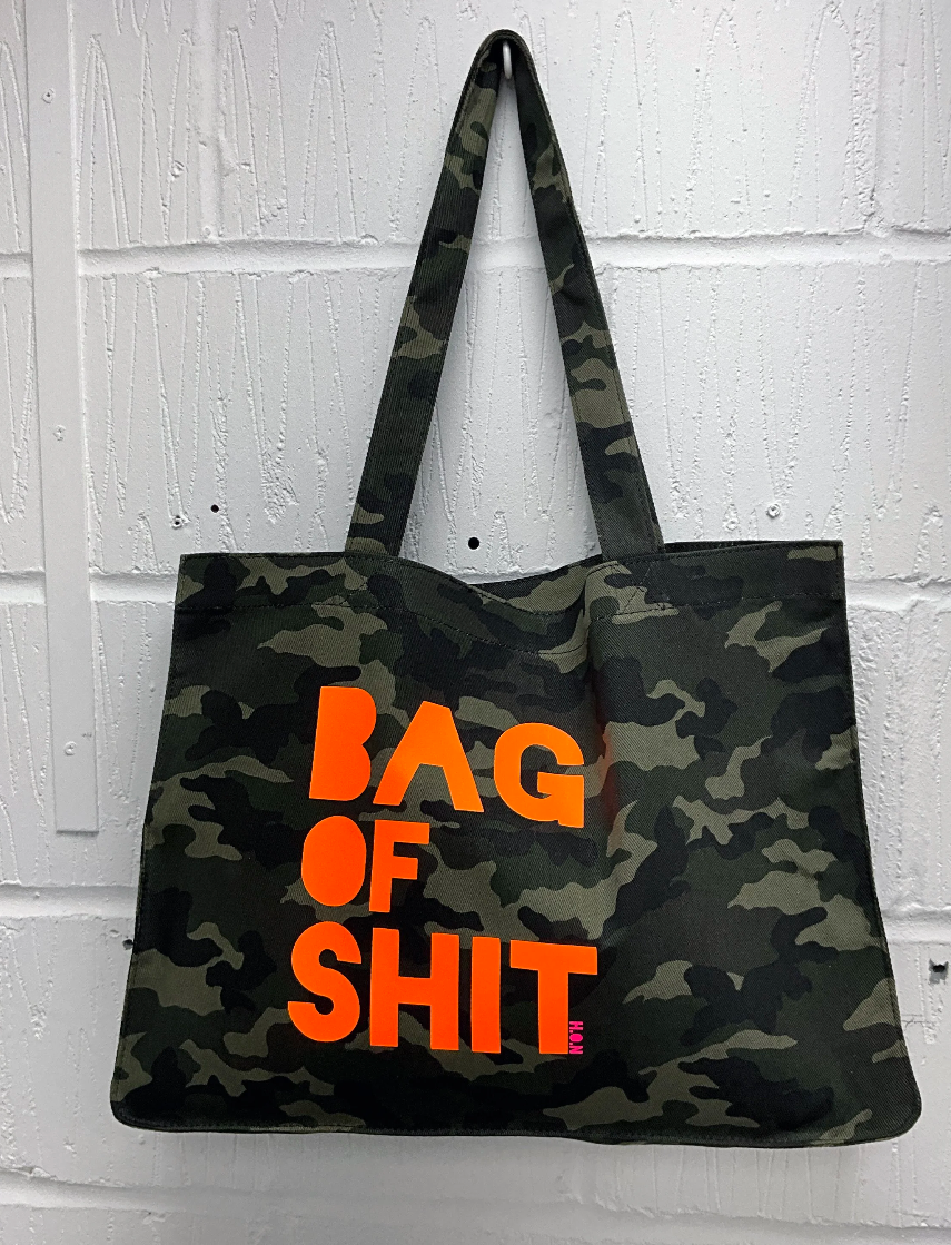 QUICK DELIVERY : SMALL CAMO BAG OF SHIT IN ORANGE  FONT