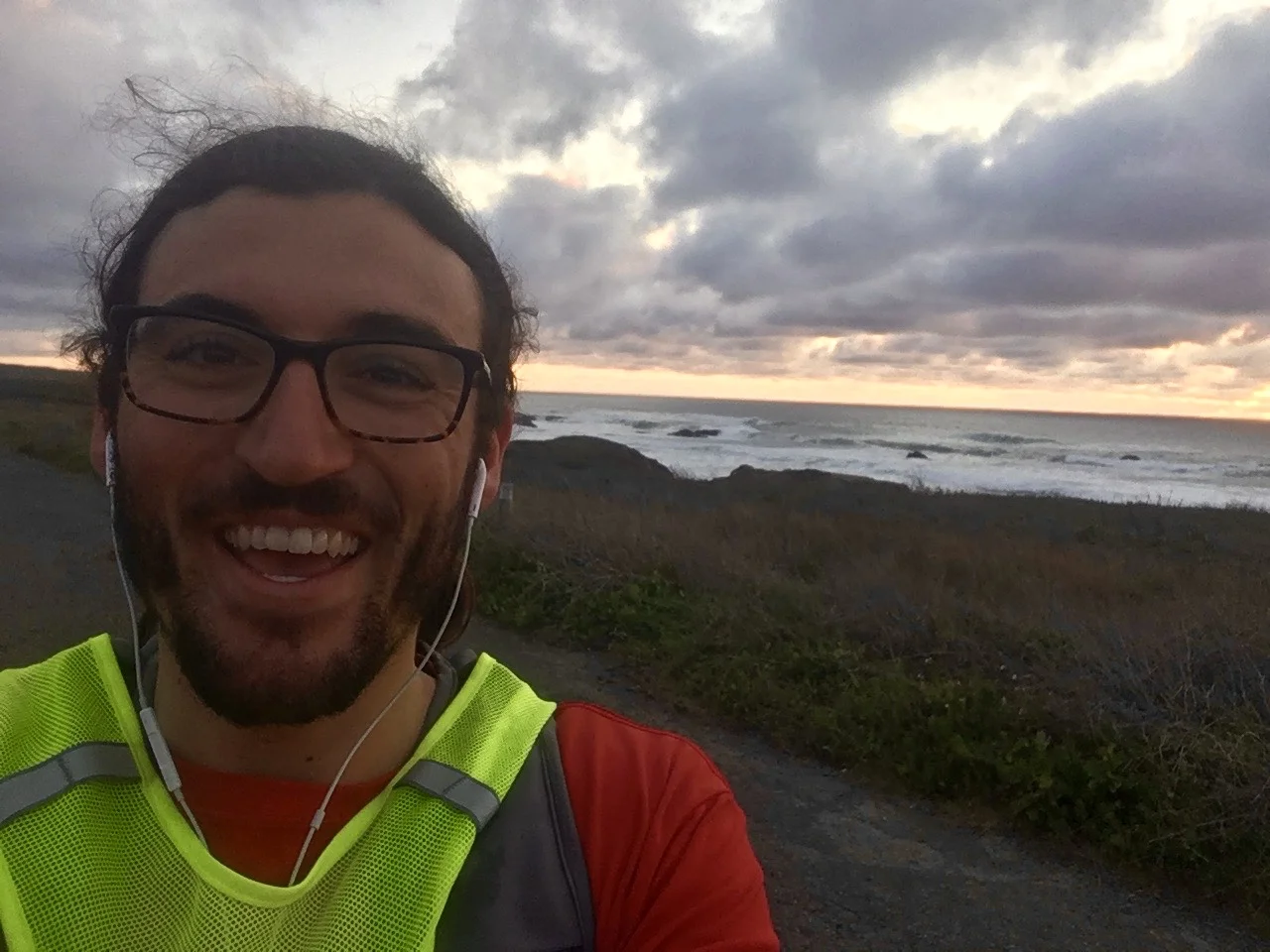 A happy Jeff enjoying the sunset over the Pacific Ocean while running home from work in Fort Bragg, CA.