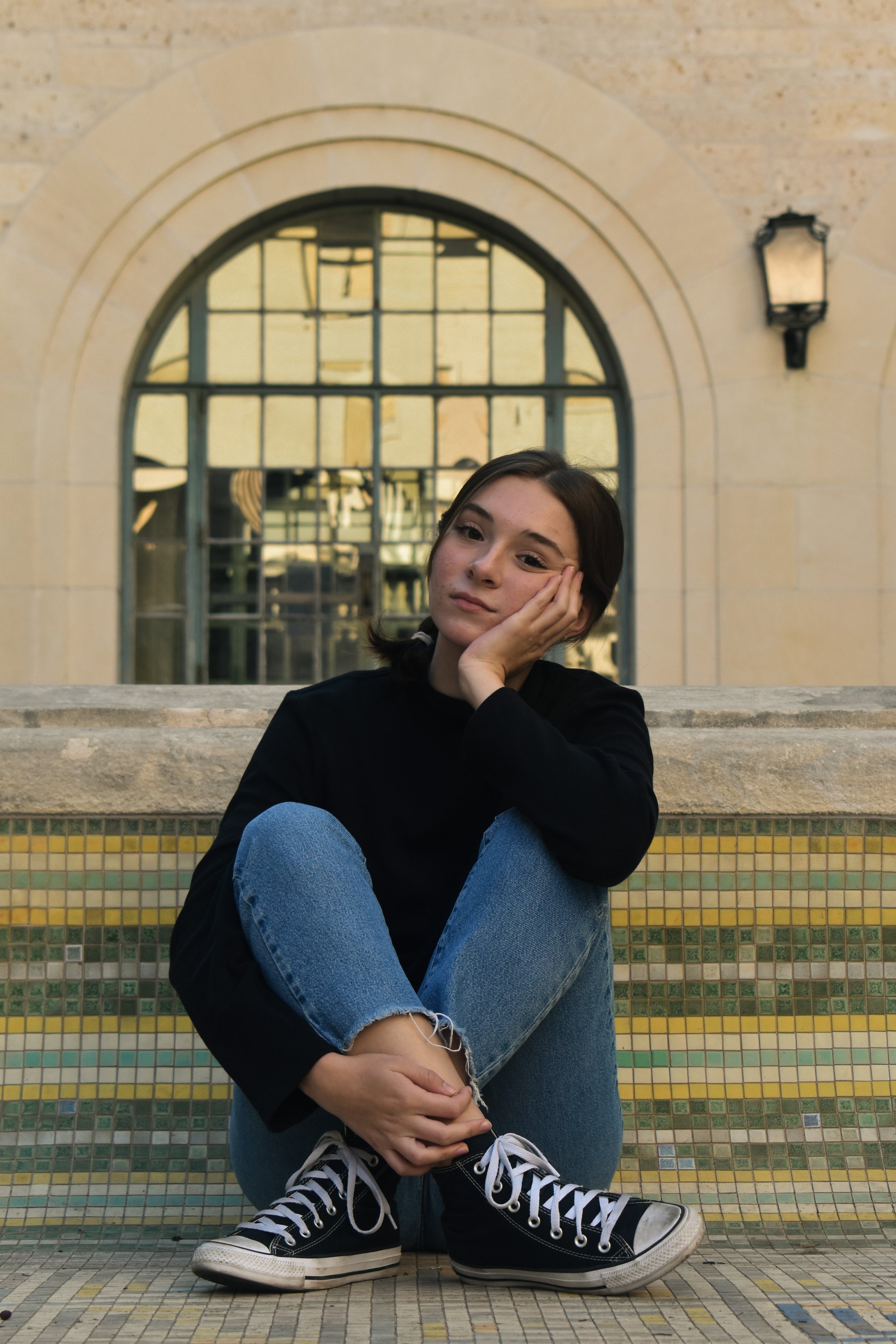   Folklore : Sabrina Reyes mirrors Taylor’s long pond studio sessions look as she poses in the architecture courtyard. 