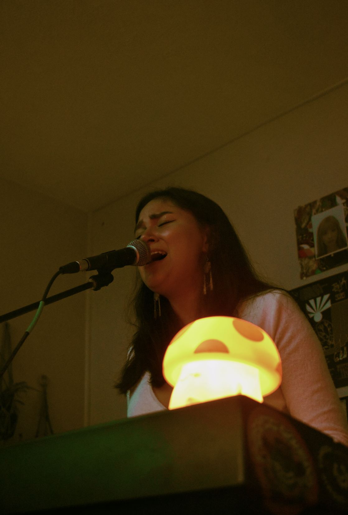  Alexi sings a song about her perky chihuahua in the company of a mushroom light.  Photo by Olivia Cagle  