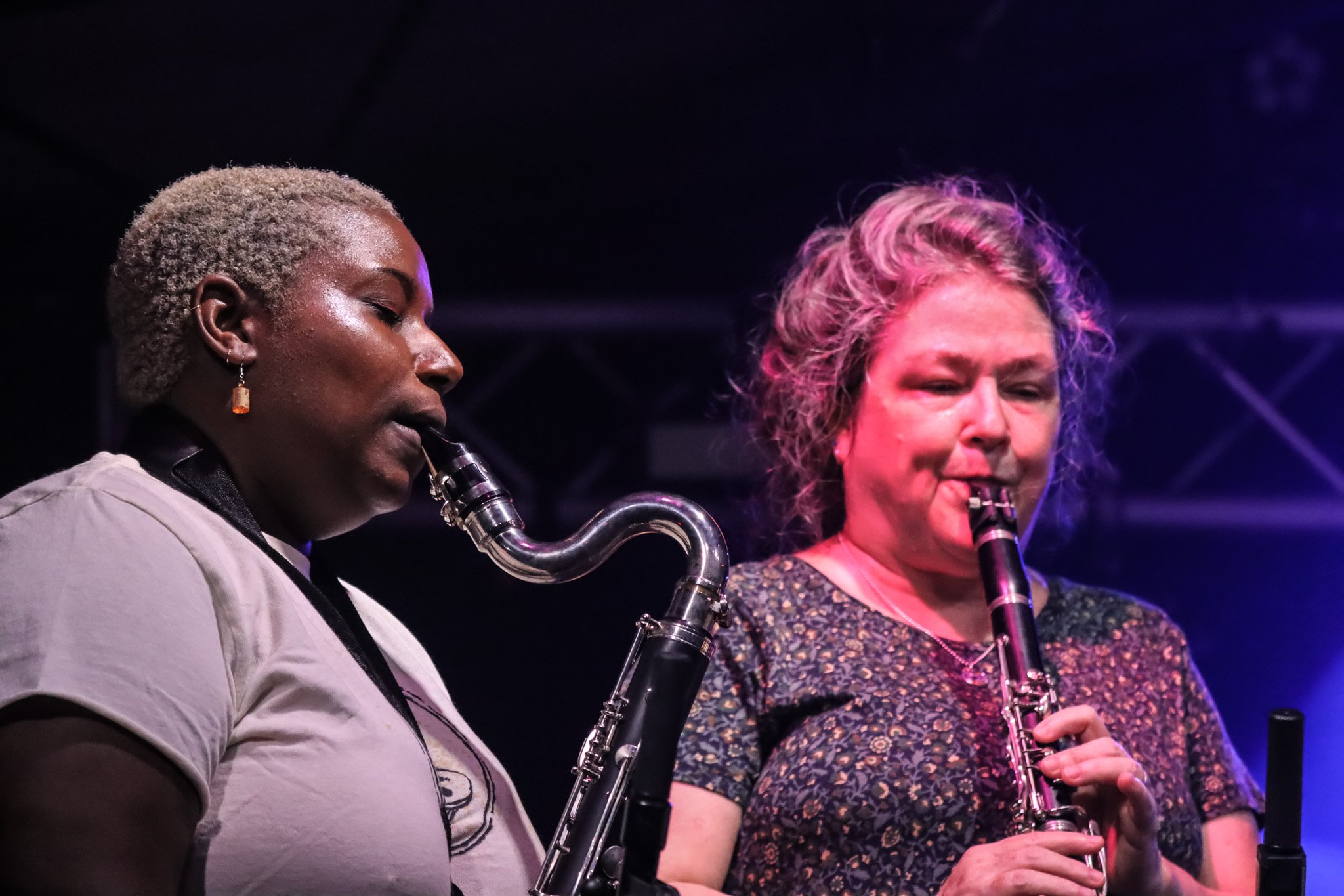  Millie Twine and Julia Austin play clarinets along as other members of Thor &amp; Friends perform. The experimental band got its start in 2015 and has been bringing together rotating groups of local musicians to play together all across Austin since