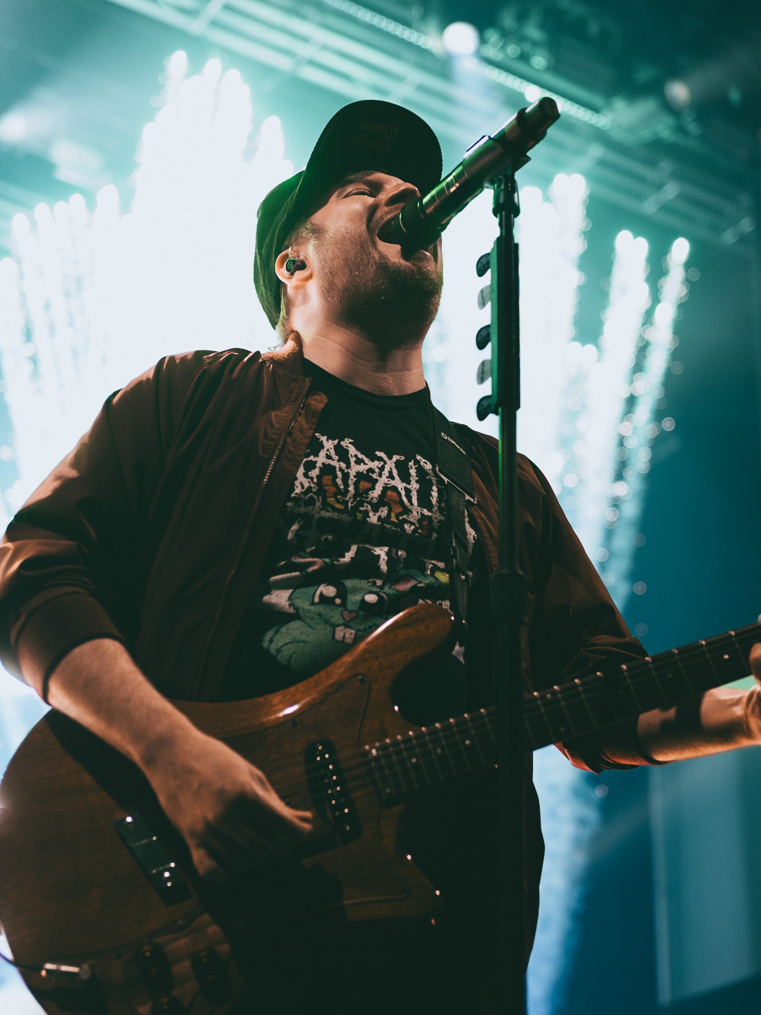  Fall Out Boy frontman Patrick Stump kicks off the band’s headlining set with fireworks lighting up the stage behind him. 