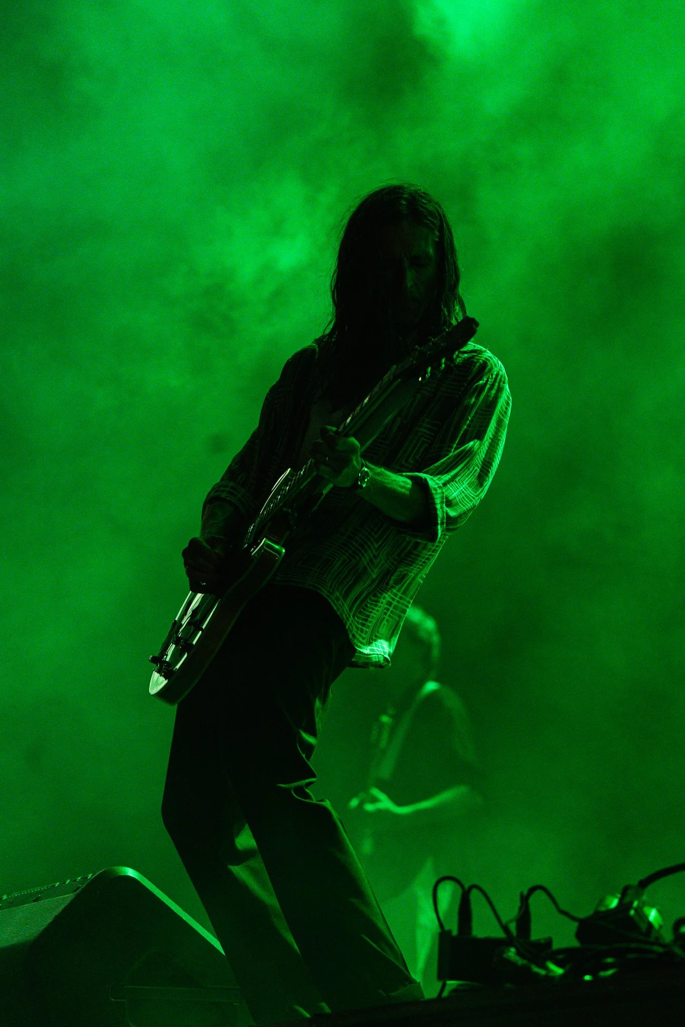 A green light fills the stage for “Reptilia.”