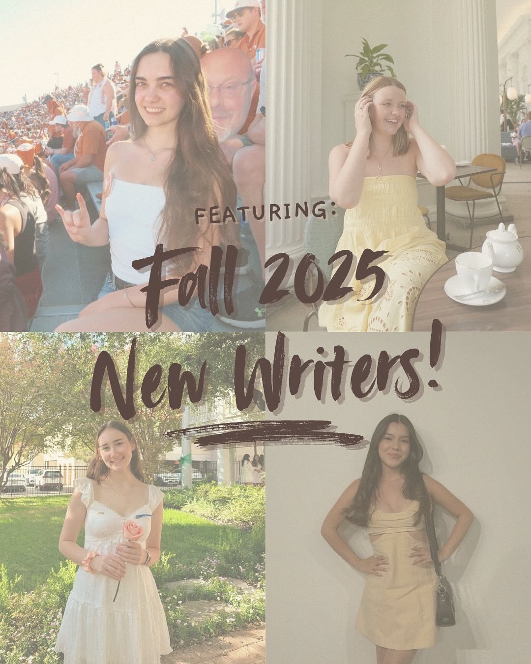 Introducing the Fall 2025 new writers: Veronica Martin, Caroline McConnico, Ainsley Dwyer, and Adreanna Alvarez!✨

They&rsquo;ve all done wonderful jobs so far as a part of Afterglow&rsquo;s writing team!🌟

@vveronicamartn 
@carolinemcconnico
@ainsl