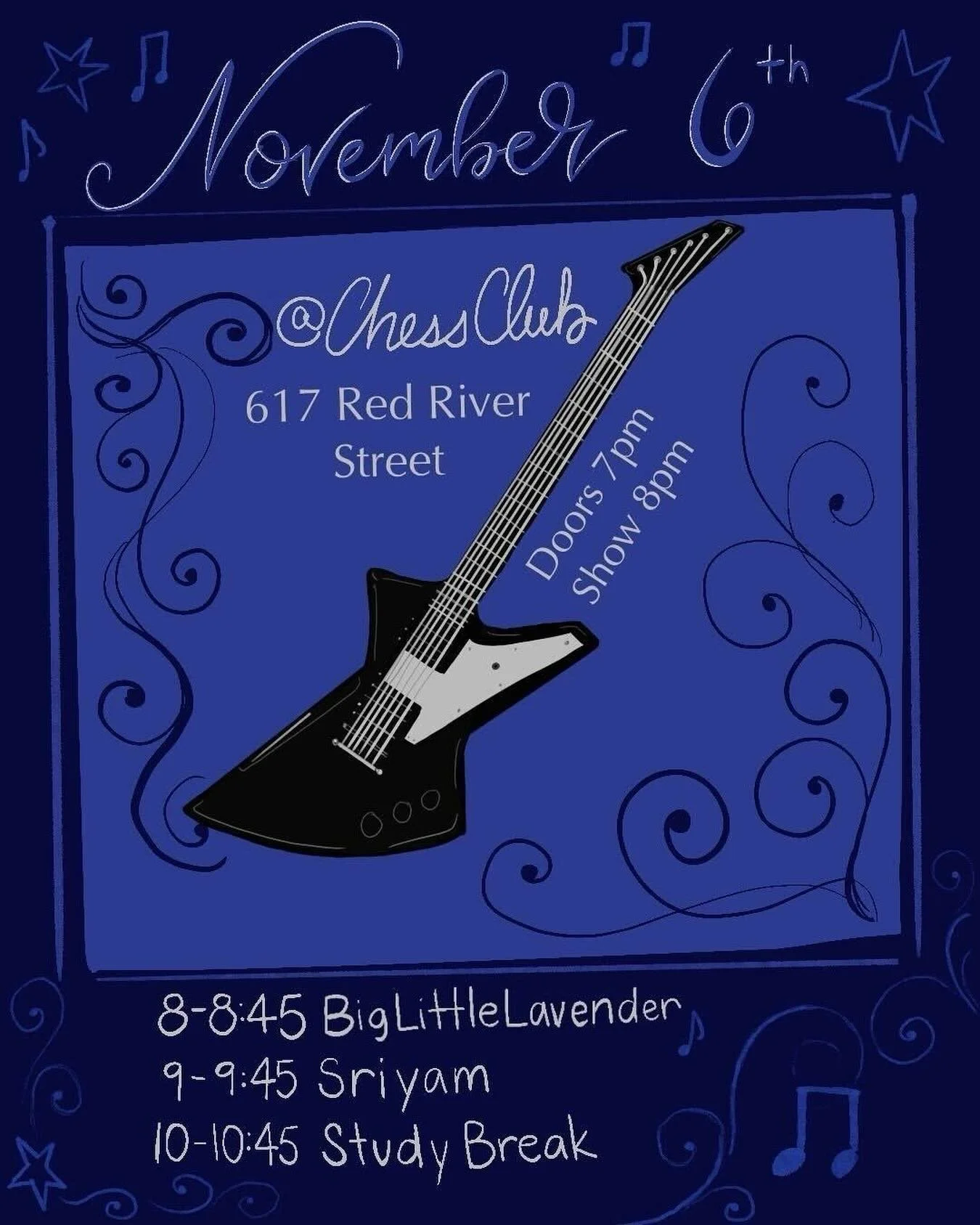 Don&rsquo;t miss this awesome show @chessclubaustin next Thursday, November 6! ♟️🎸 Doors open at 7! (18+)

@biglittlelavender 8:00
@sriyammusic 9:00 
@studybreakband 10:00

Entry to the show is &ldquo;pay what you can&rdquo;, and any support for Aft
