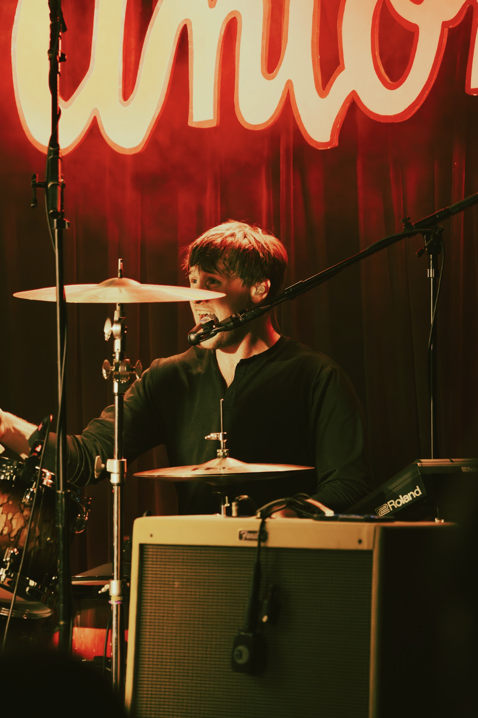  Drummer Jacob Rhodes plays the drums during the exciting performance of The Bends new single. 