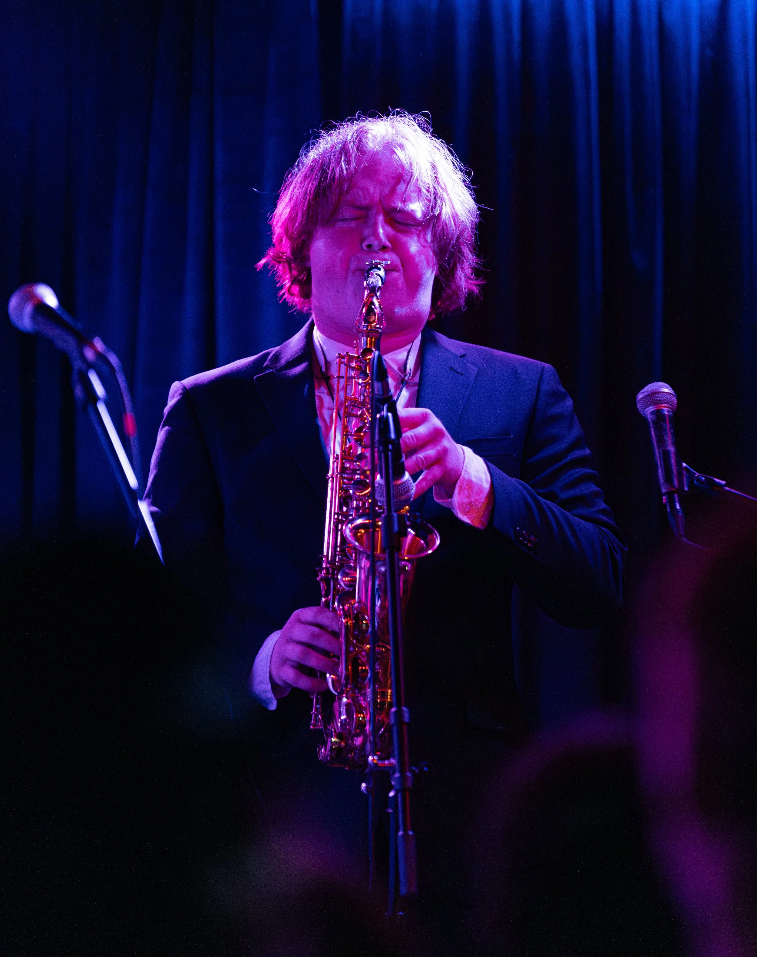  Multi-instrumentalist Henry Raker plays the saxophone during the chorus of Cornelia Murr’s “In the Wings” off her newest album  Run To The Center.  
