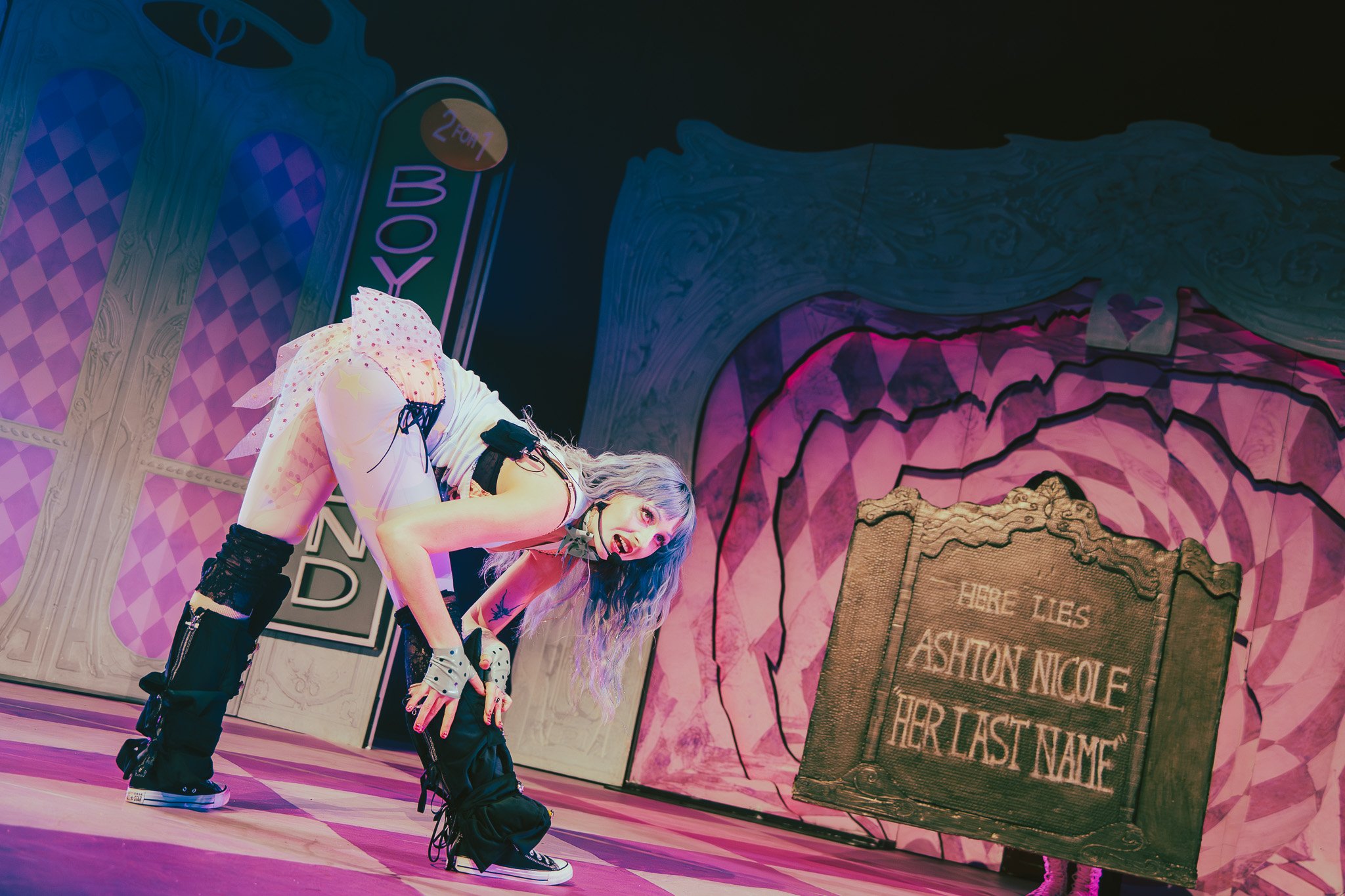  Ashnikko bends low to the stage during the performance of "Working Bitch" from her 2019 album  Hi, It’s Me . 