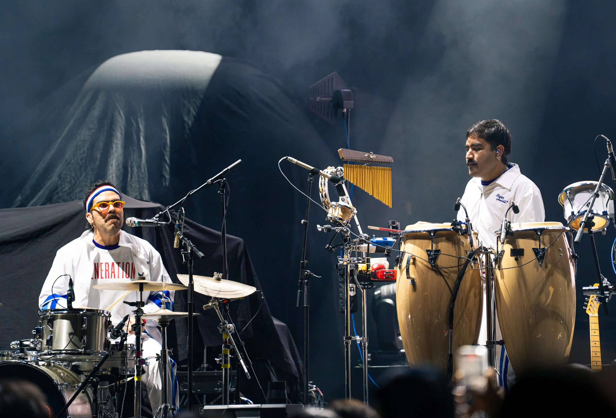  Drummer Samuel Marquez and percussionist Diego Bustillos keep the beat during “Oh Baby What Comes Around Goes Back Around.” 