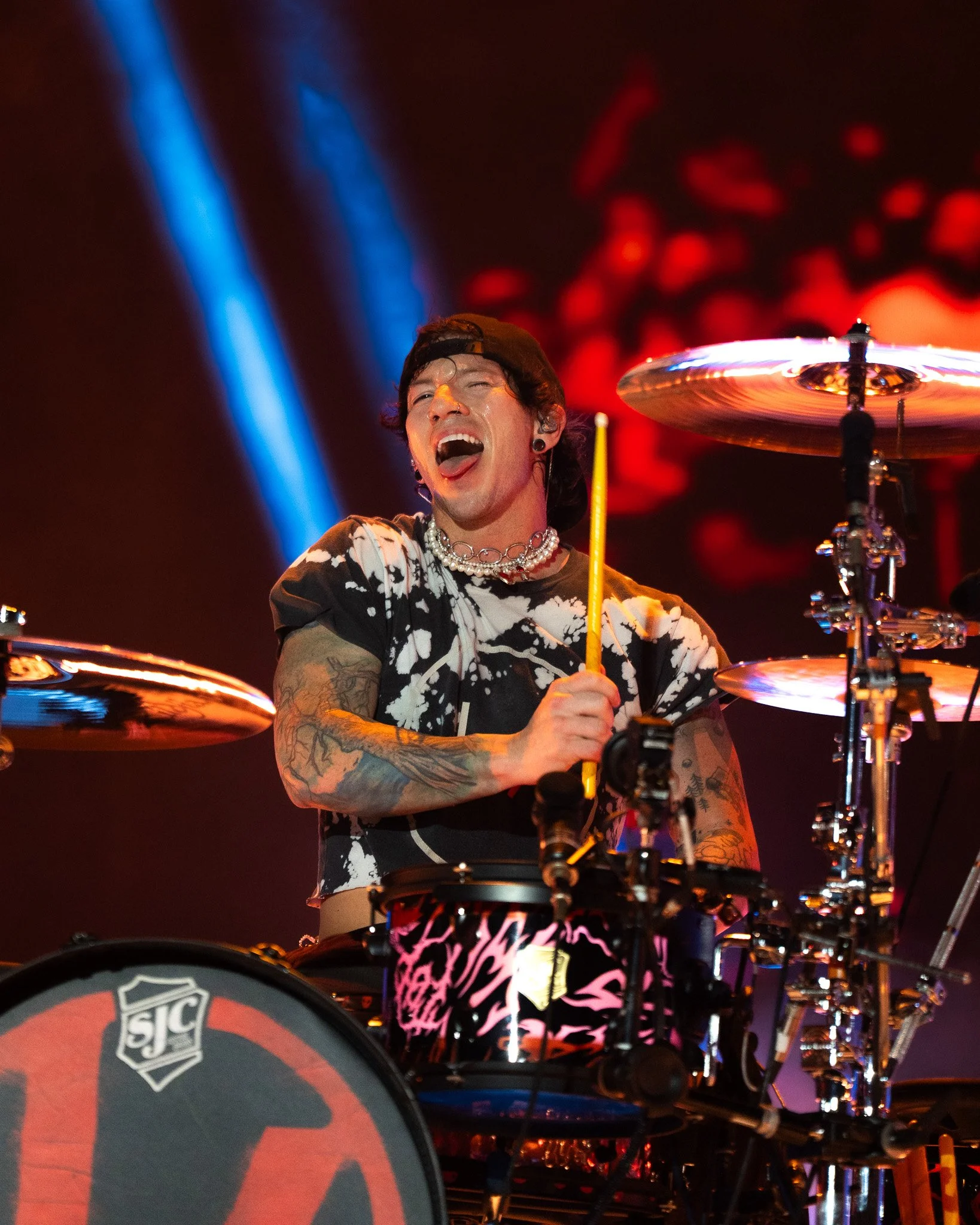  Dun sticks his tongue out during a pause of drumming during “Central Mass.” 