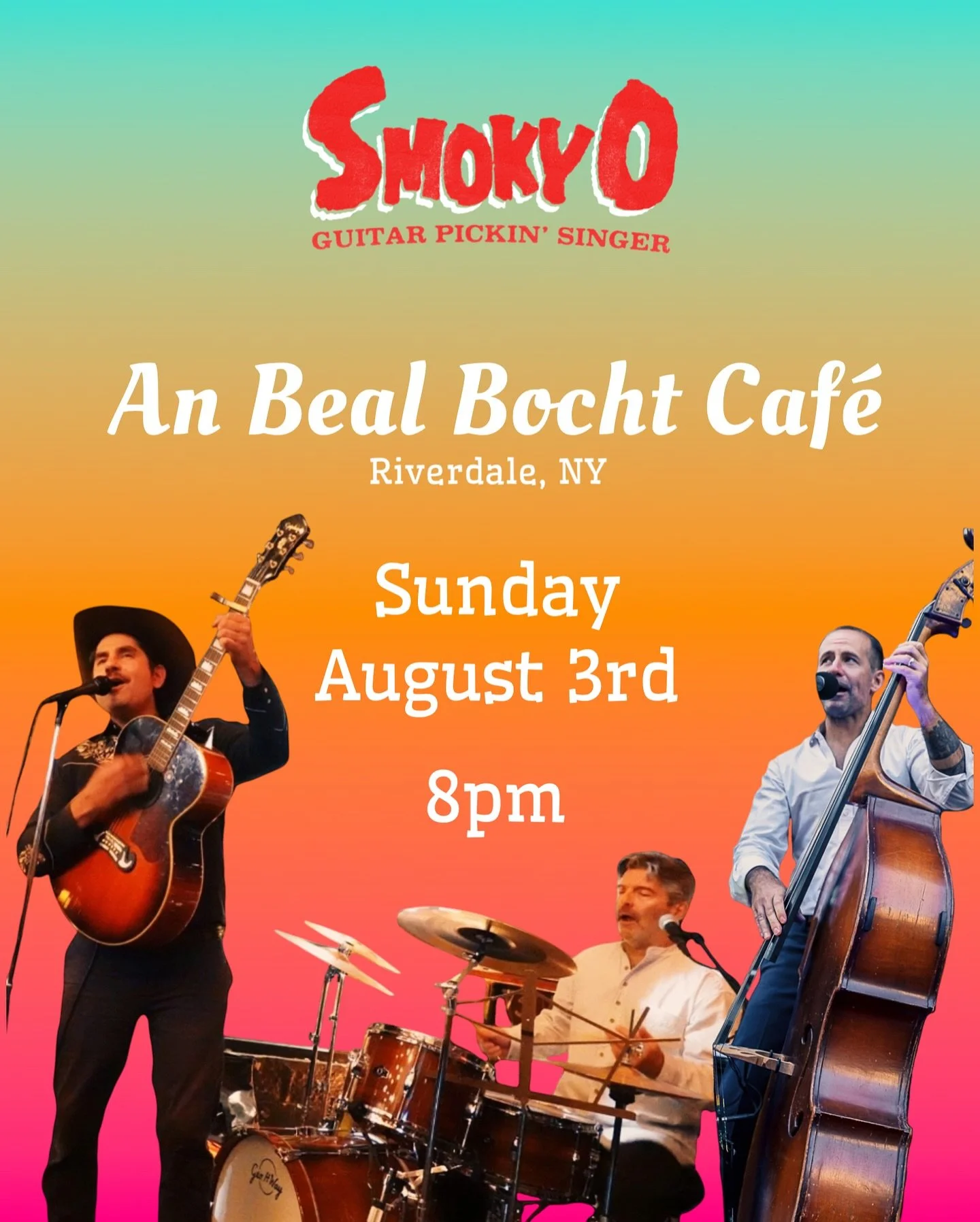 Summer Sunday will be smokin' @anbealbochtbx in Riverdale!
Join us August 3rd. Live music with Smoky O Trio. 8 PM to 10:30 PM.
Vocals, guitar @smoky.ooo
Drums @dannyokeefe_
Bass guitar @bradsu9s
An Beal Bocht Café
445 West 238th Street