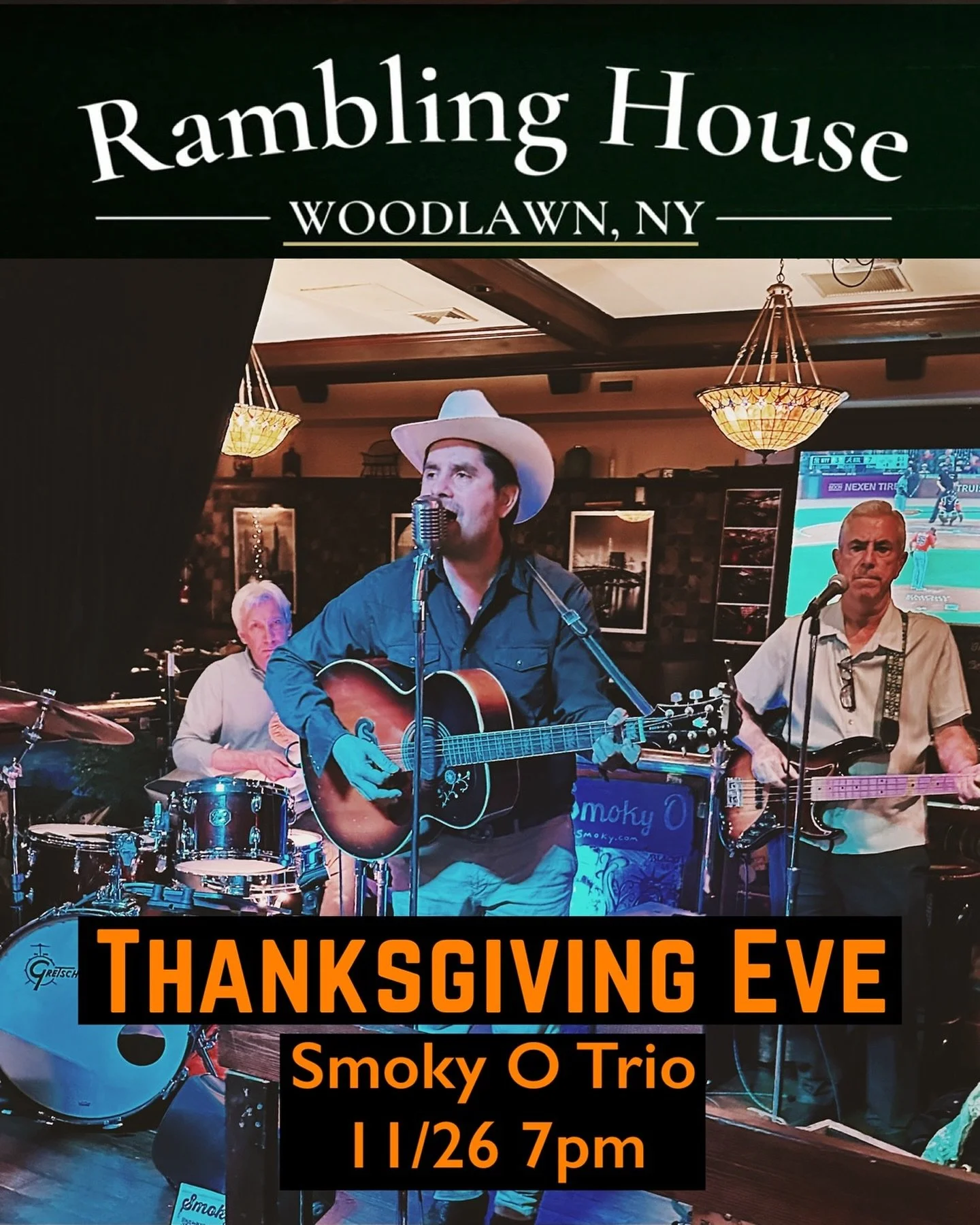 Save the date: Thanksgiving Eve, Wed Nov 26th. Smoky O Trio rocks the stage 7 PM to 10 PM. DJ to follow. Woodlawn Bronx aka 'Little Ireland' 

The Rambling House
📍 4292 Katonah Ave., Bronx NY

Trio
Vocals, guitar @smoky.ooo 
Bass @steverubenstein 
D