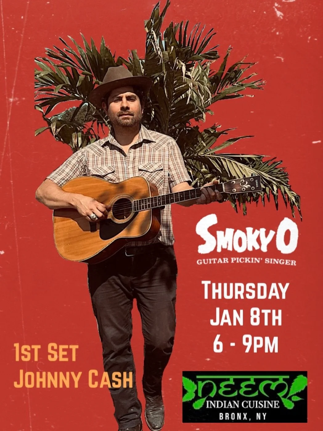 Live music at Neem Thurs Jan 8th. 
To keep us warm &amp; cozy in this cold, Smoky O will be playing an all Johnny Cash first set.
Join us for cocktail sippin' and delicious Indian food!

Music 6pm - 9pm	
Thursday Jan 8th
Arrive early for happy hour!	