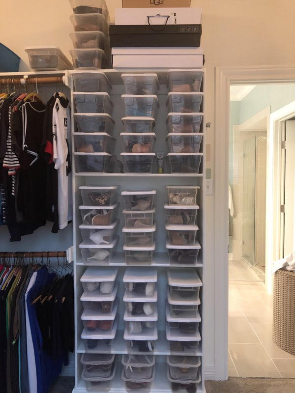 Store your shoes in clear boxes so you can easily see and decide your style for the day