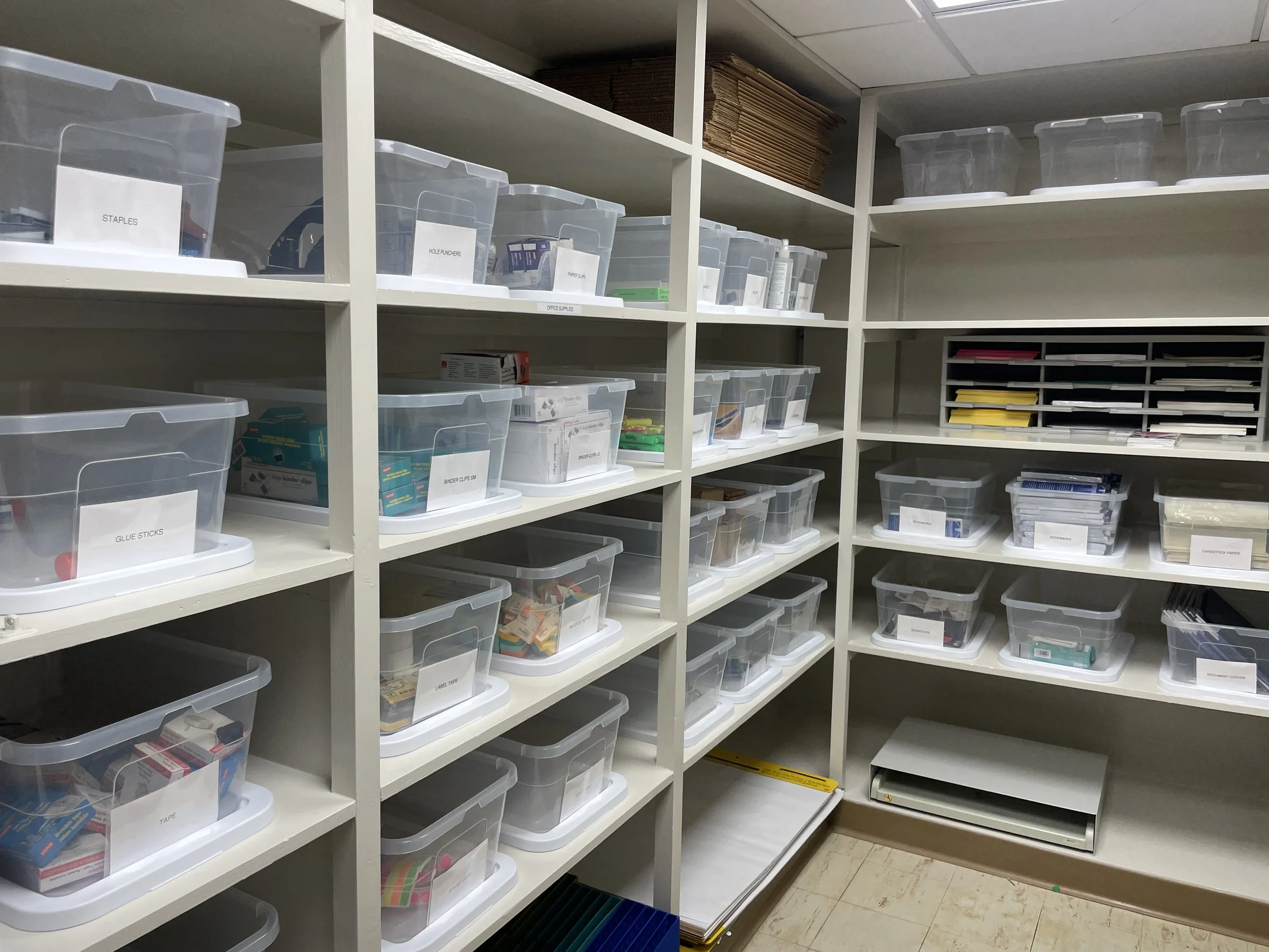 Store shelves with organized plastic bins labeled for office supplies and paper products, including staples, hole punchers, glue sticks, and binders.