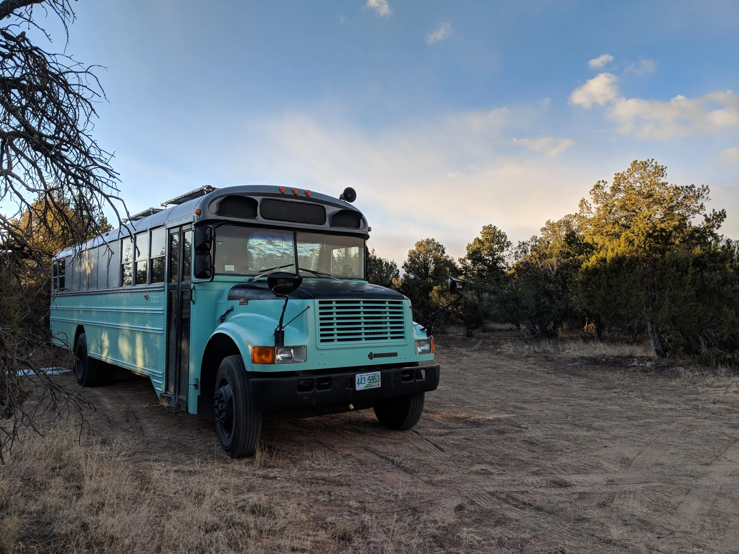 The Struggle Bus, in all her glory! This was at a free camping spot outside of Albuquerque, New Mexico.