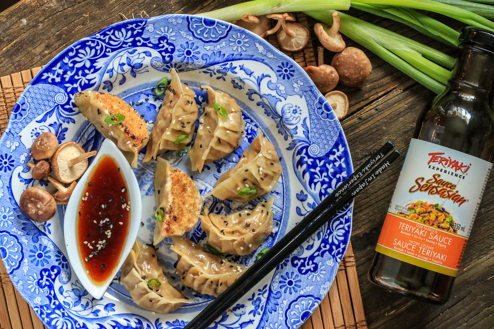 Chicken and Mushroom Potstickers with Sesame Teriyaki Sauce