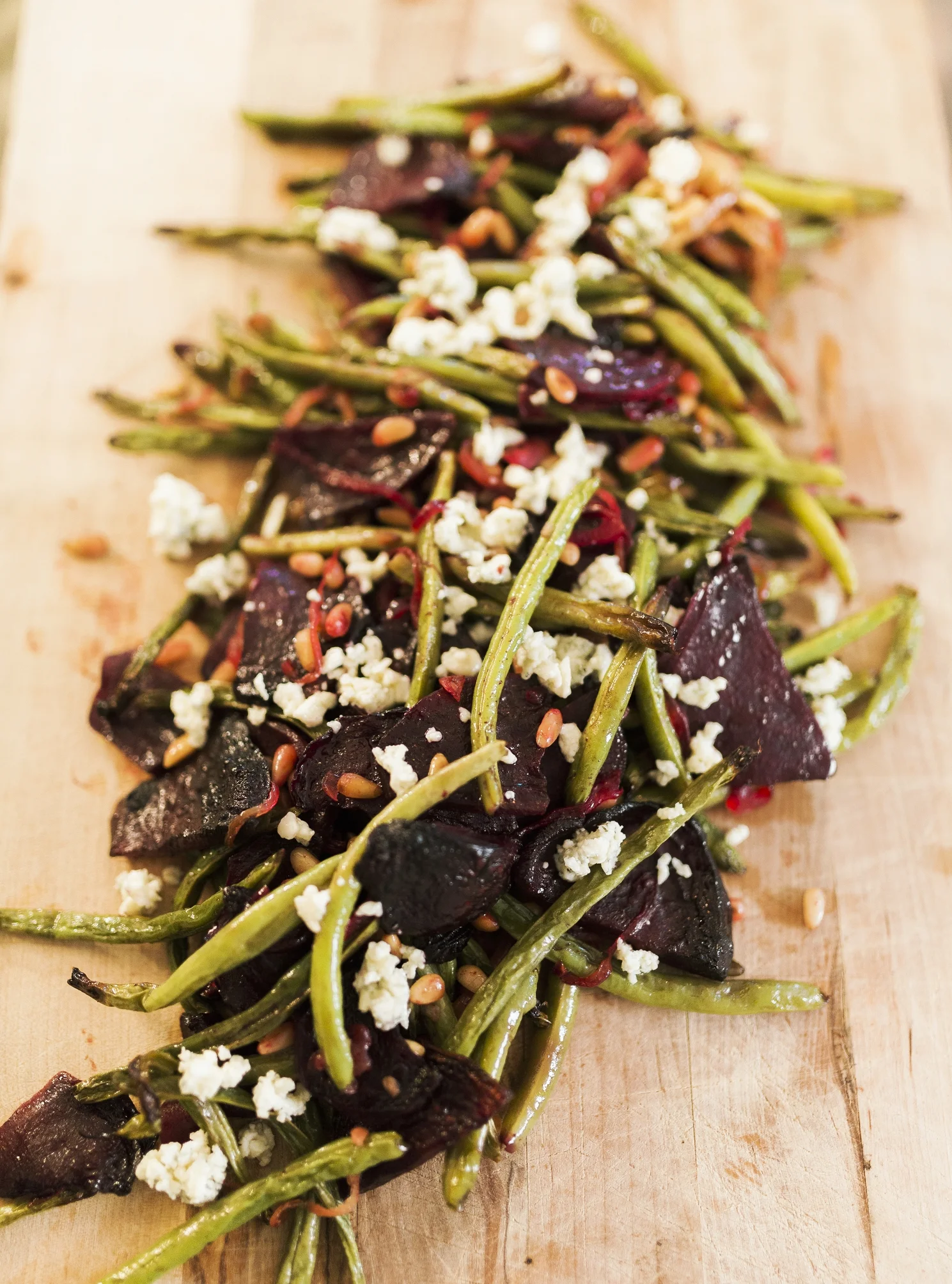 Roasted Green Beans with Beets, Gorgonzola and Toasted Pine Nuts