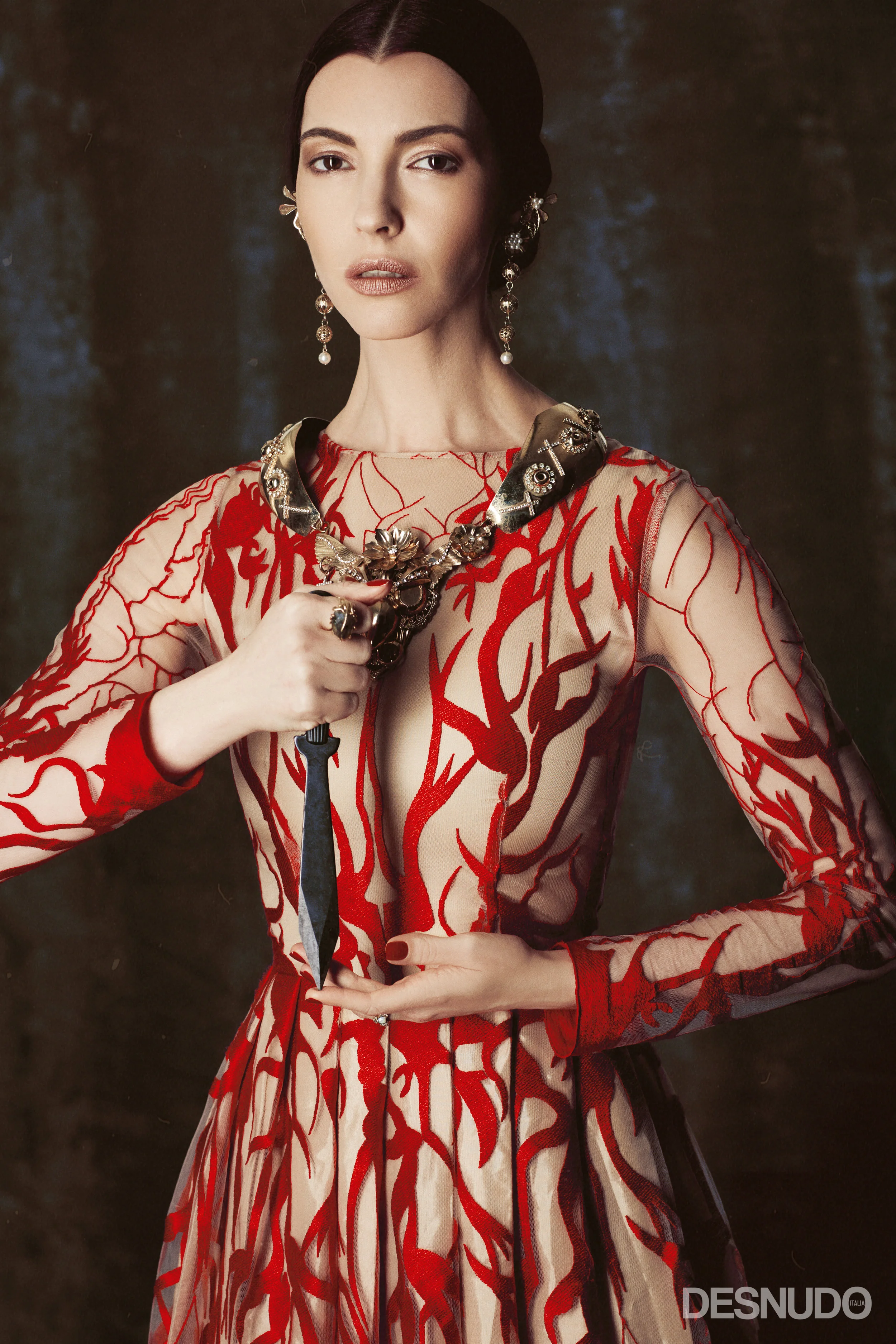 dress ALCOOLIQUE MILANO , necklace and earrings MAISON LUIGI BORBONE , ring ALESSANDRA AIARDO JEWELS
