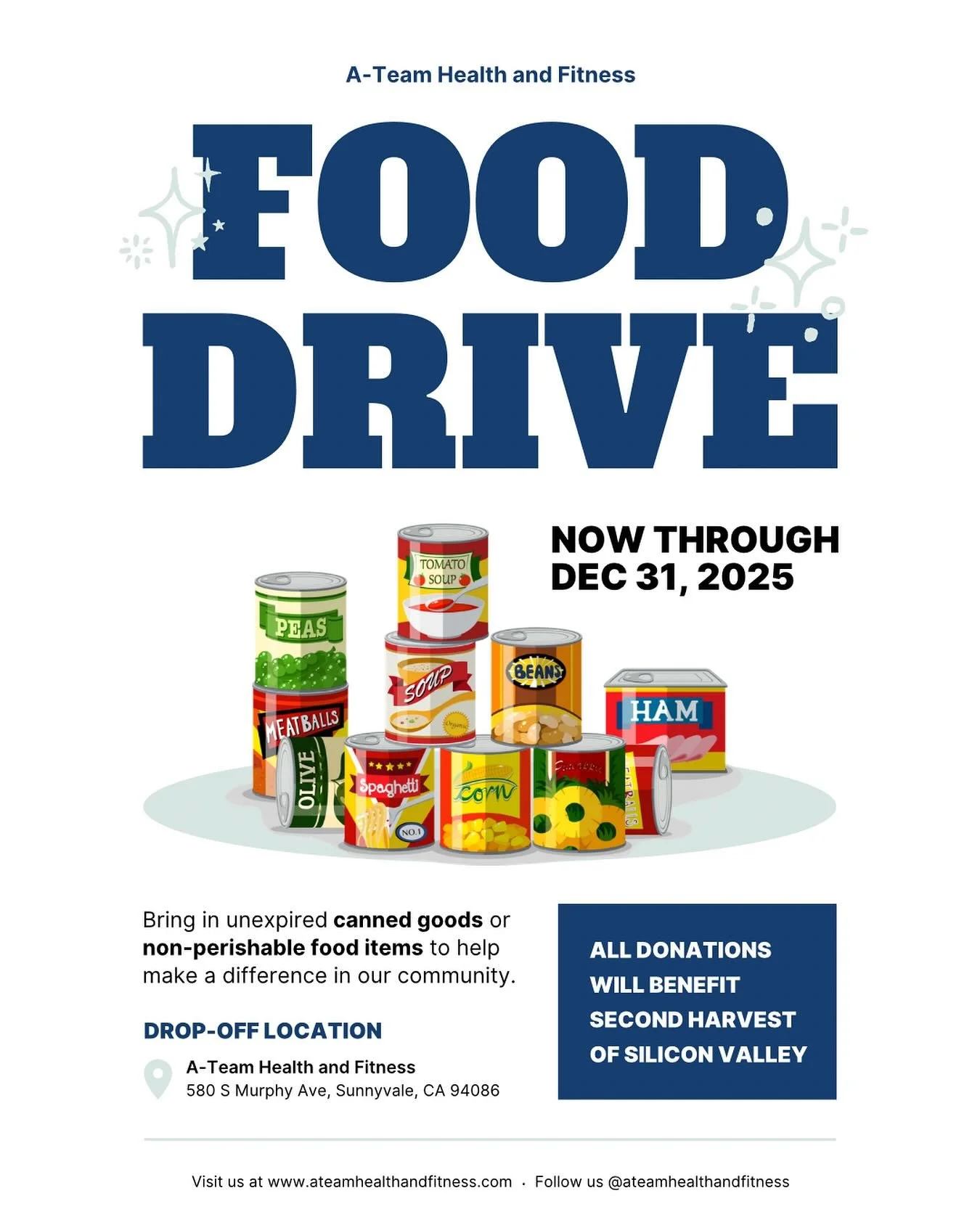 🥫 Together, we lift more than weights — we lift our community.
This season, A-Team Health and Fitness is proud to support @2ndharvest through our Canned Food Drive!
Every can you bring helps families right here in Sunnyvale and across Silicon