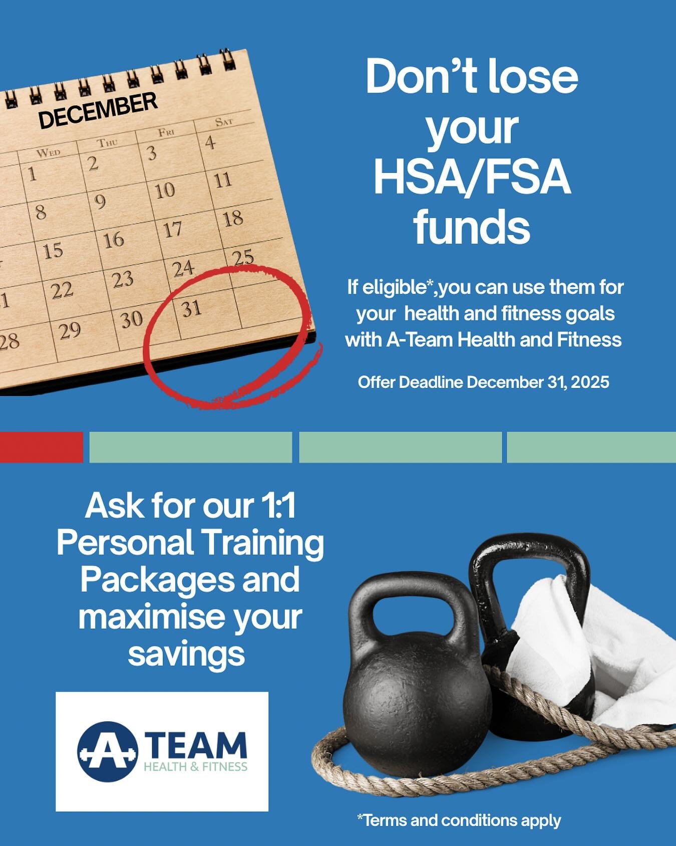 💳 A-Team Is HSA/FSA Eligible!

Your health is an investment &mdash; and now, it&rsquo;s a tax-smart one too. 🙌

You can officially use your HSA (Health Savings Account) or FSA (Flexible Spending Account) funds for qualified fitness services at A-Te