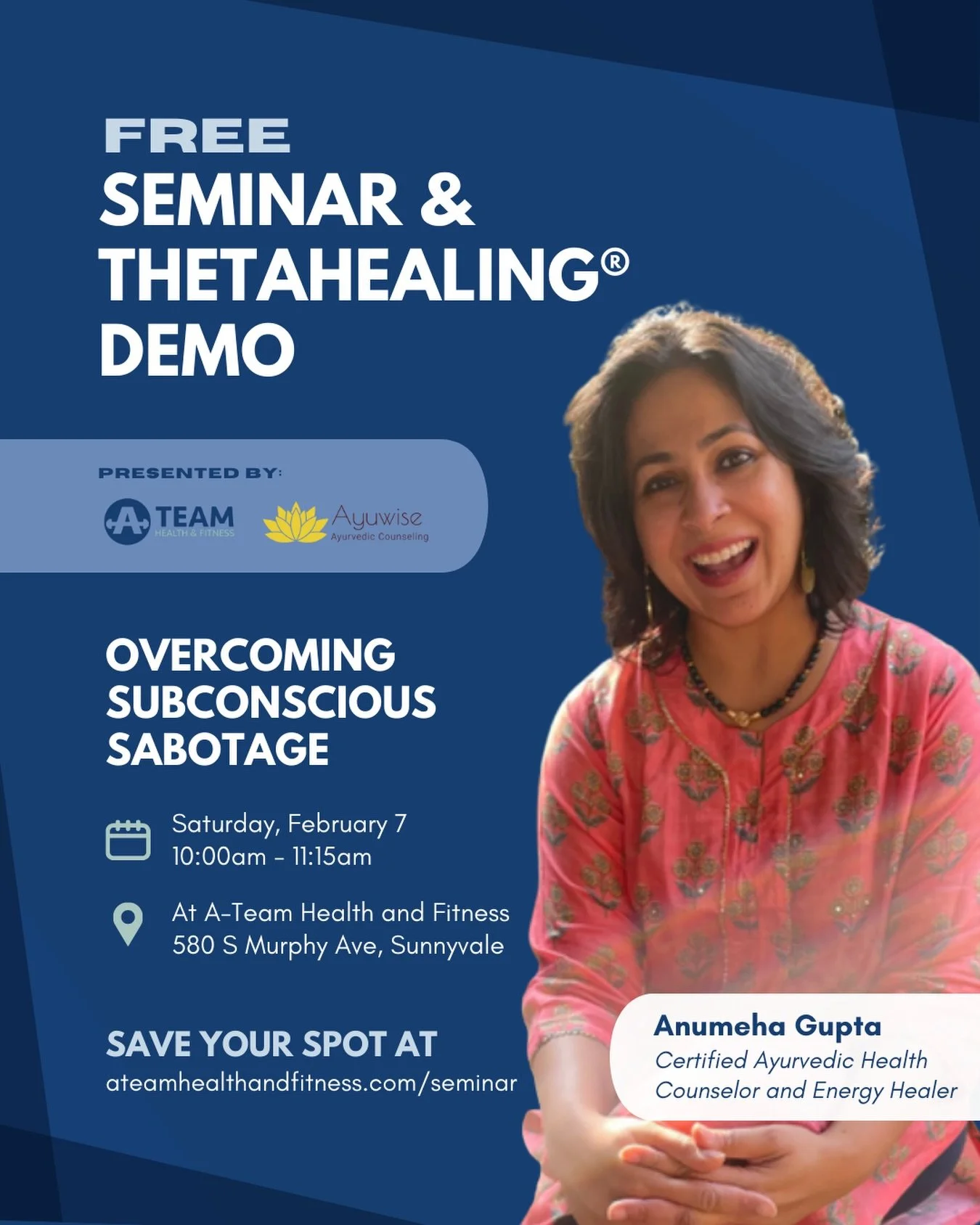 👀 Ever feel like you know what to do for your health&hellip; but consistency just won&rsquo;t click? 

Join us for Overcoming Subconscious Sabotage, a free seminar + live ThetaHealing demo led by Anumeha Gupta, certified Ayurvedic Health Counselor a