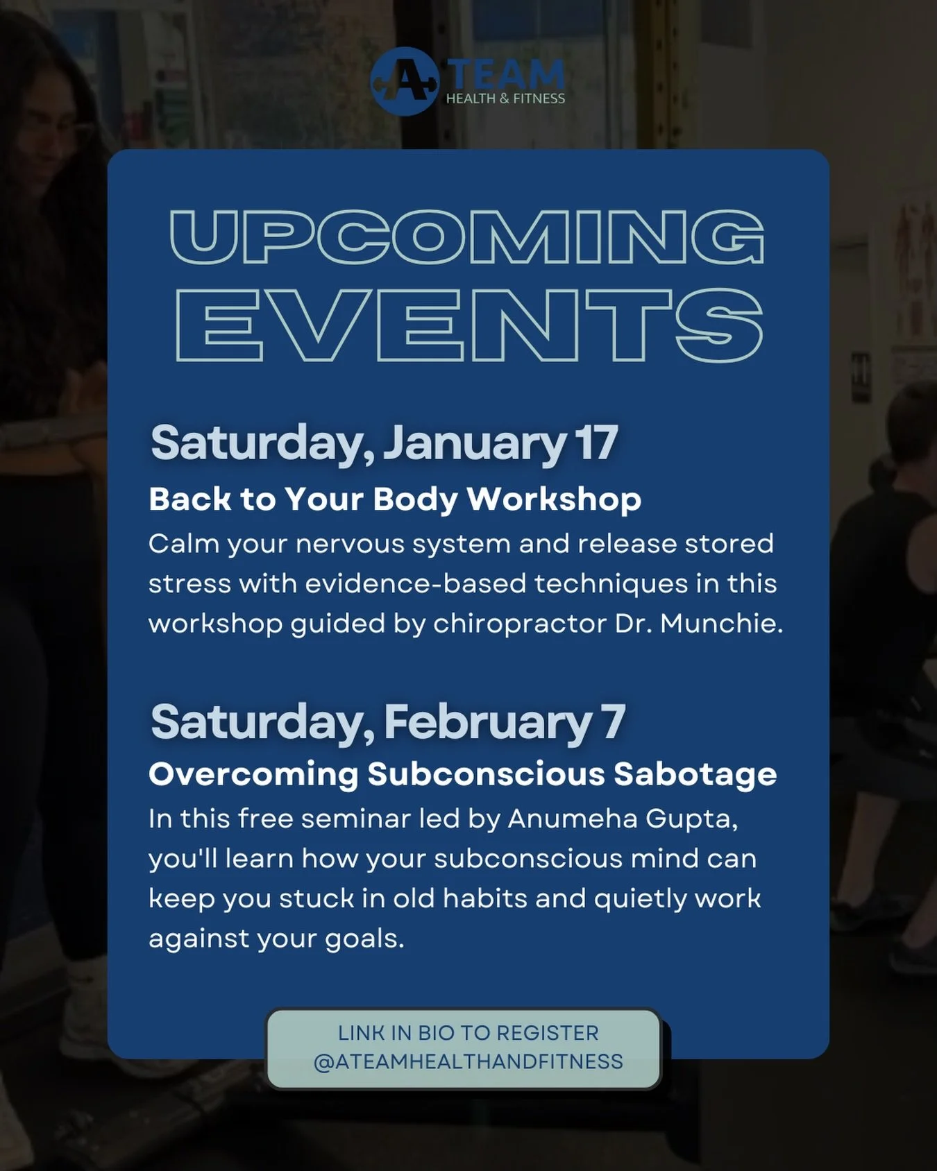 📣 Upcoming events at A-Team!

If you&rsquo;ve been wanting a little extra support with your health goals (who couldn&rsquo;t use that sometimes), we&rsquo;ve got two incredible events coming up and we&rsquo;d love to have you join us.

🌿 Back to Yo