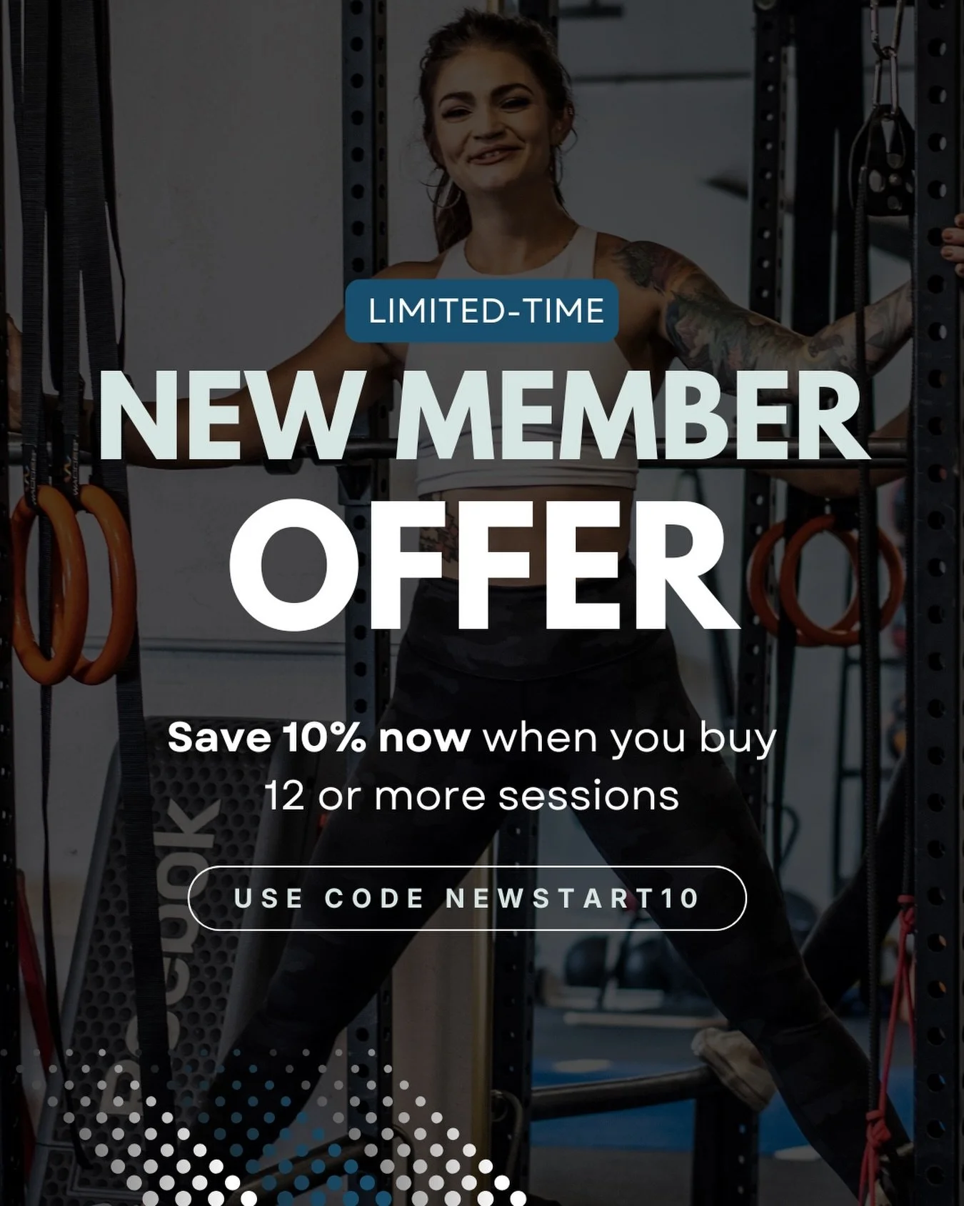 Looking for a sign to start strength training? This is it. 🎉

For a limited time, new clients can save:

🌟 10% off Personal Training packs of 12+ sessions, or

🌟 10% off Semi-Private Personal Training packs of 15+ sessions

〰️ Use code NEWSTART10 