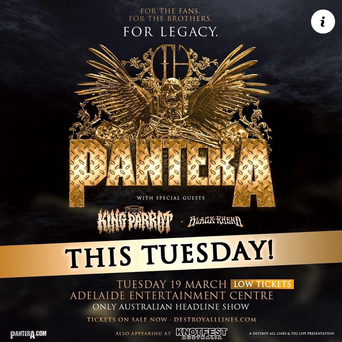 TOMORROW NIGHT WILL BE A STONKER!!!
@panteraofficial - @kingparrotband - @blackrheno 
It&rsquo;s hard to grasp this is actually a reality&hellip; let&rsquo;s do this 👊