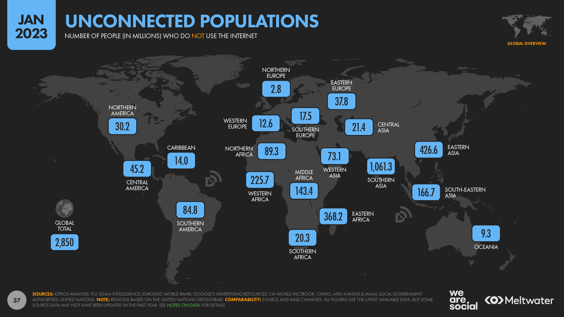 Unconnected Populations By Region Map January 2023 DataReportal