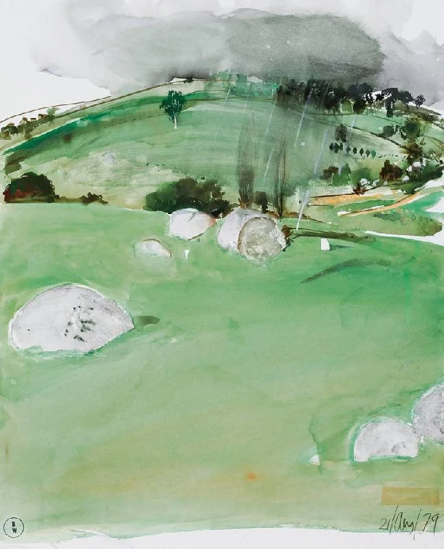 Approaching Storm, 1979 oil , watercolour and gouache on 100% cotton museum rag board 52 x 41.5 cm stamped lower left and dated 21/Aug/79 lower right