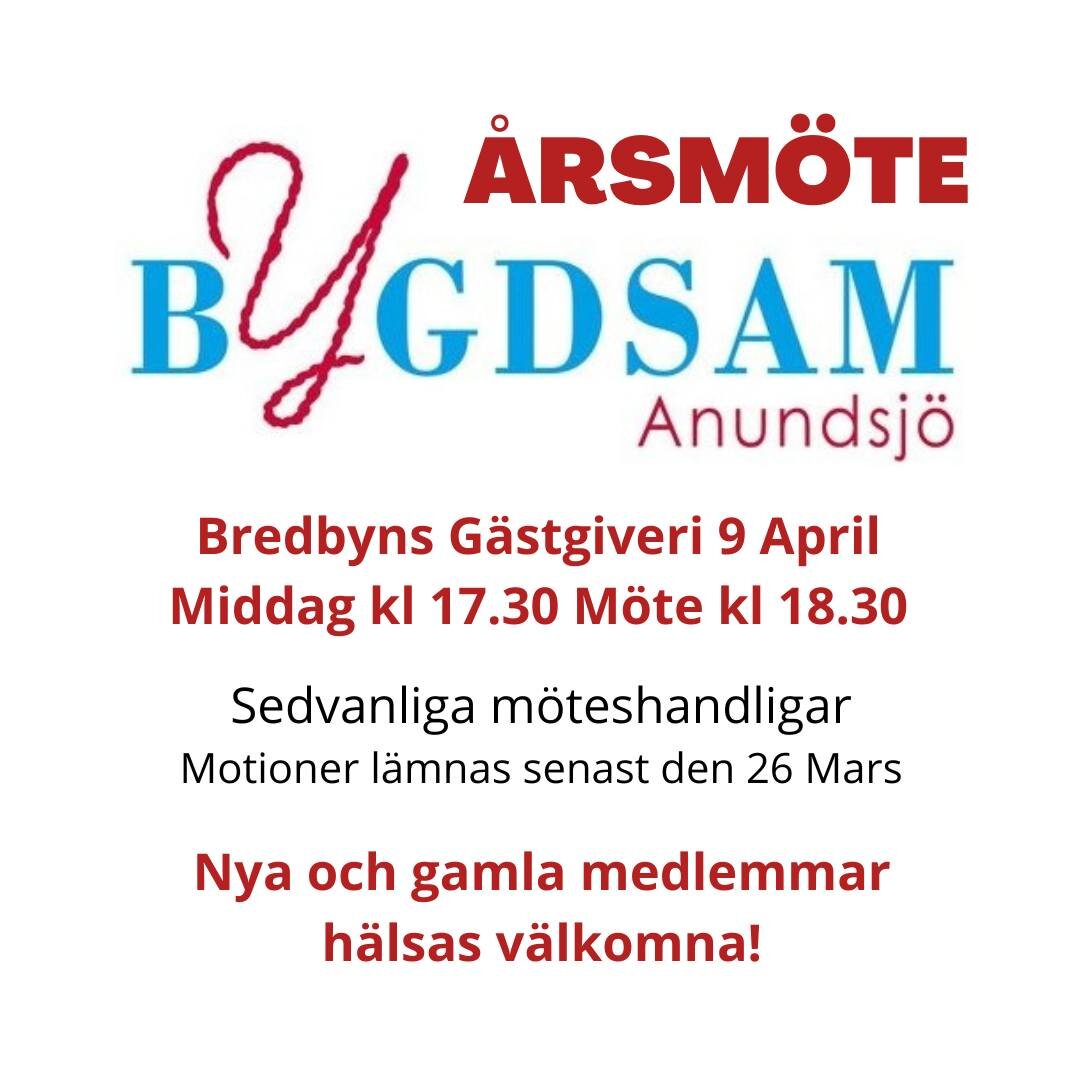 V&auml;lkomna till Bygdsam Anundsj&ouml;s &aring;rsm&ouml;te 

Nu &auml;r det snart dags f&ouml;r &aring;rsm&ouml;te och Bygdsam Anundsj&ouml; h&auml;lsar er medlemmar varmt v&auml;lkomna. Kom och tr&auml;ffa andra medlemmar, var med och p&aring;verk