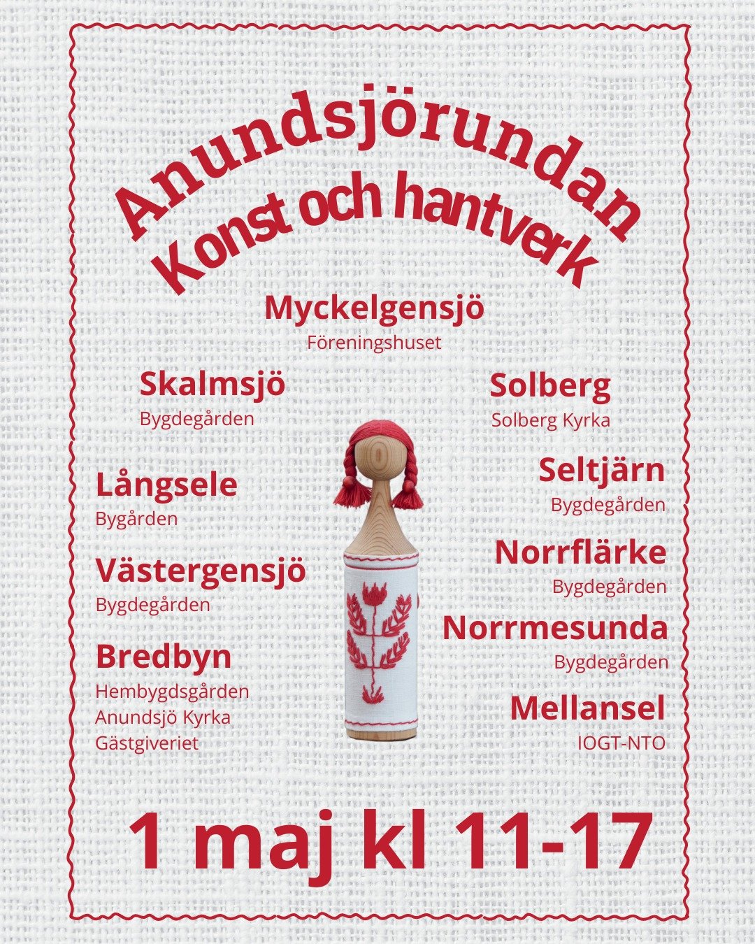 Anundsj&ouml;rundan 1 maj

Konstrundan ingen vill missa! &Aring;k runt i Anundsj&ouml; och ta del av konst och hantverk fr&aring;n m&aring;nga otroliga kreat&ouml;rer. Ingen beh&ouml;ver l&auml;mnas hungrig d&aring; det finns f&ouml;rt&auml;ring i n&