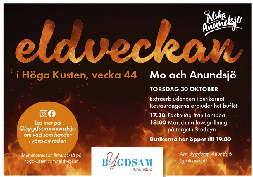 ELDVECKAN I ANUNDSJ&Ouml;
Bredbyn 30 oktober

BUTIKERNA har &ouml;ppet fram till kl. 19.00 Livsmedelsbutikerna och macken har &ouml;ppet &auml;nnu l&auml;ngre enligt sina vanliga &ouml;ppettider.

Restaurangerna har &ouml;ppet. Bredbyns G&auml;stgive