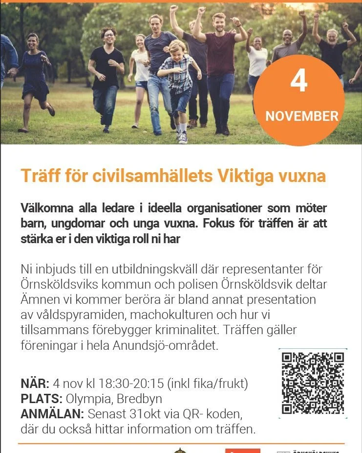 Inbjudan till alla er i ideella organisationer i Mo och Anundsj&ouml;omr&aring;det som m&ouml;ter barn, ungdomar och unga vuxna. Ni inbjuds till en utbildningskv&auml;ll kring bland annat machokulturen, v&aring;ldspyramiden och hur vi tillsammans f&o