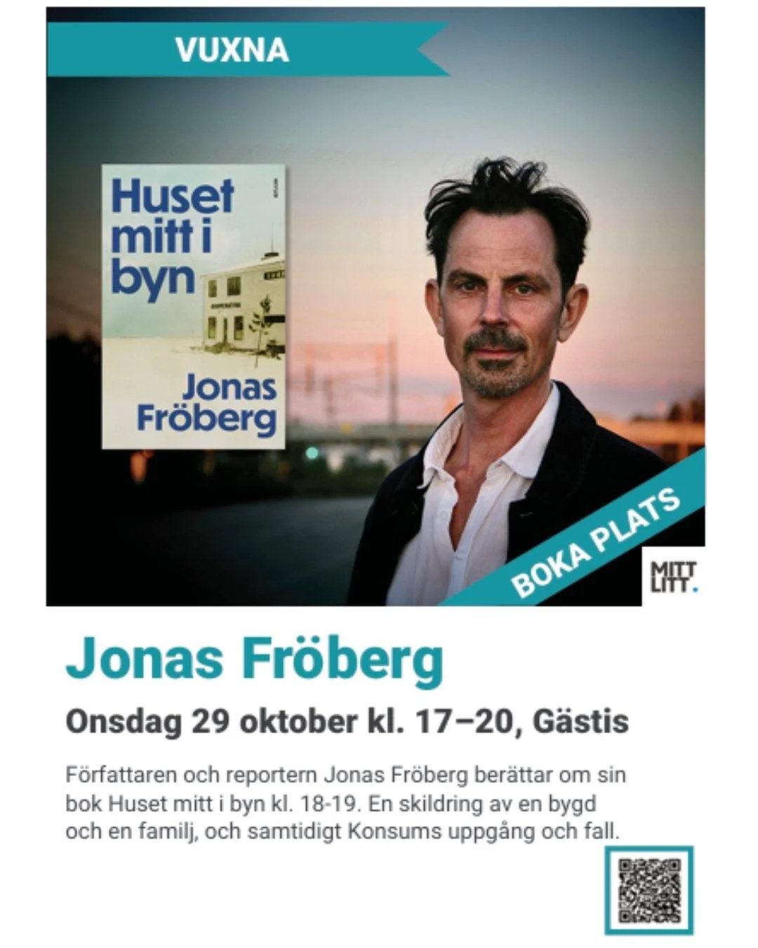 F&ouml;rfattarbes&ouml;k med Jonas Fr&ouml;berg den 29 november har bytt lokal fr&aring;n Bredbyns Bibliotek till Bredbyns G&auml;stgiveri. Det &ouml;ppnar upp f&ouml;r fler anm&auml;lningar.

L&auml;s mer och anm&auml;l er via l&auml;nk:
https://bib