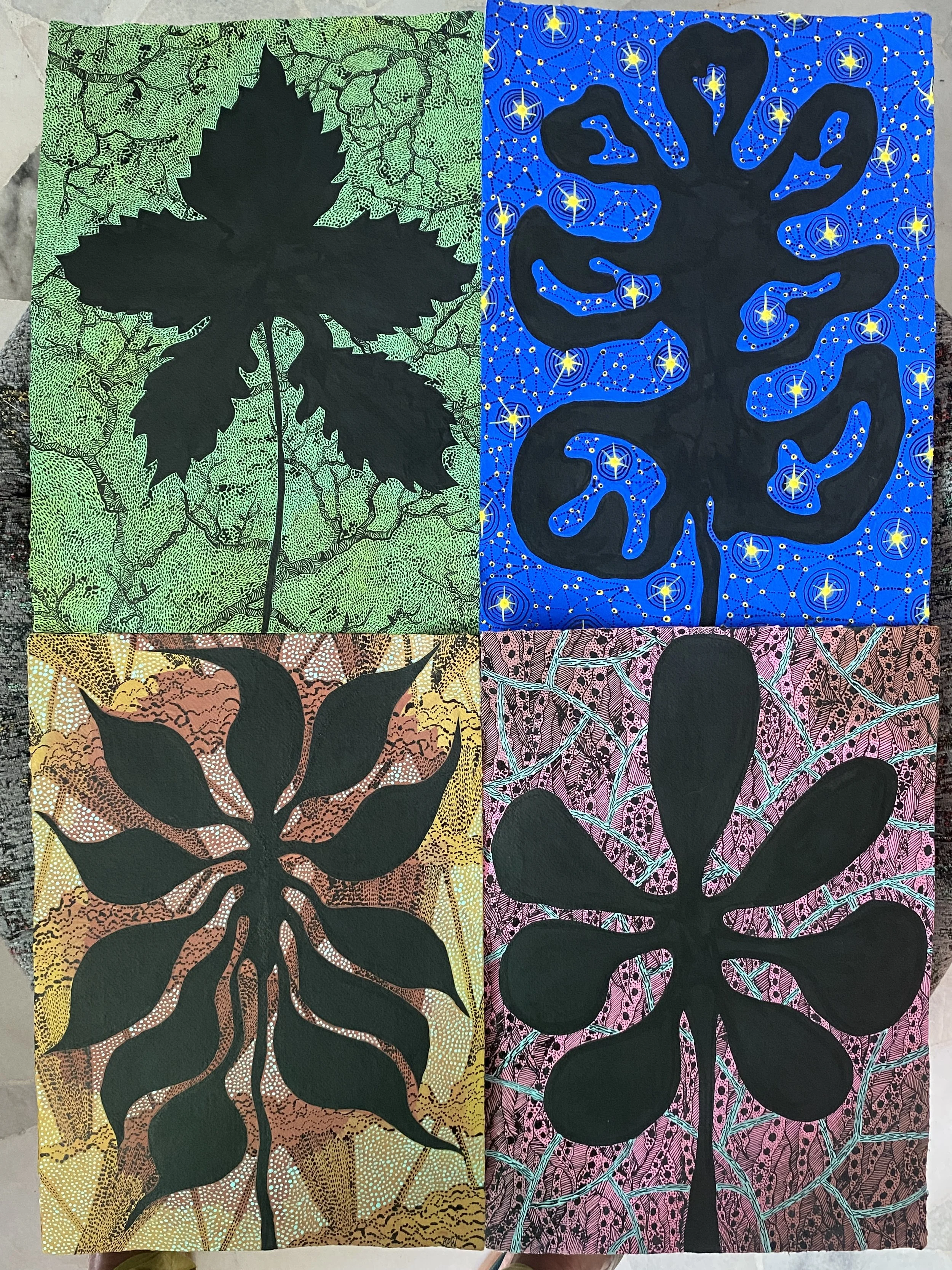 Different leaves, found, & then painted against different backdrops. 2025