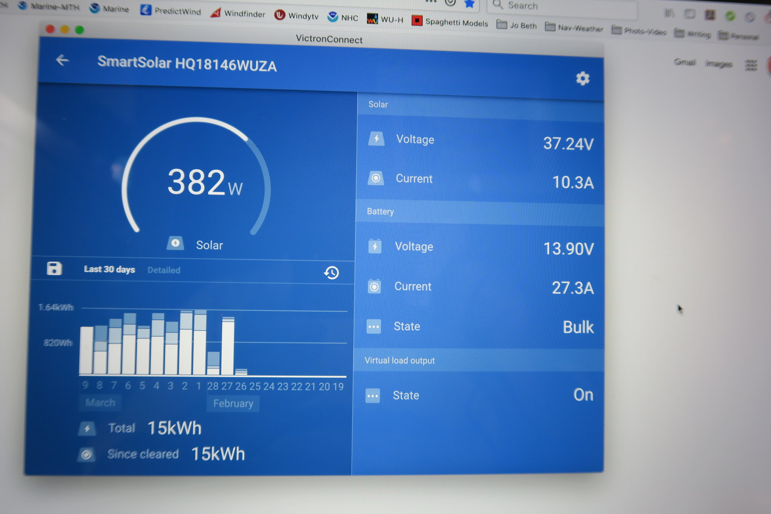 The Victron MPPT Charge Controller App on my Mac laptop…we’re utilizing 382 of our available 400 watts…10.3 amps per hour is going into our batteries!