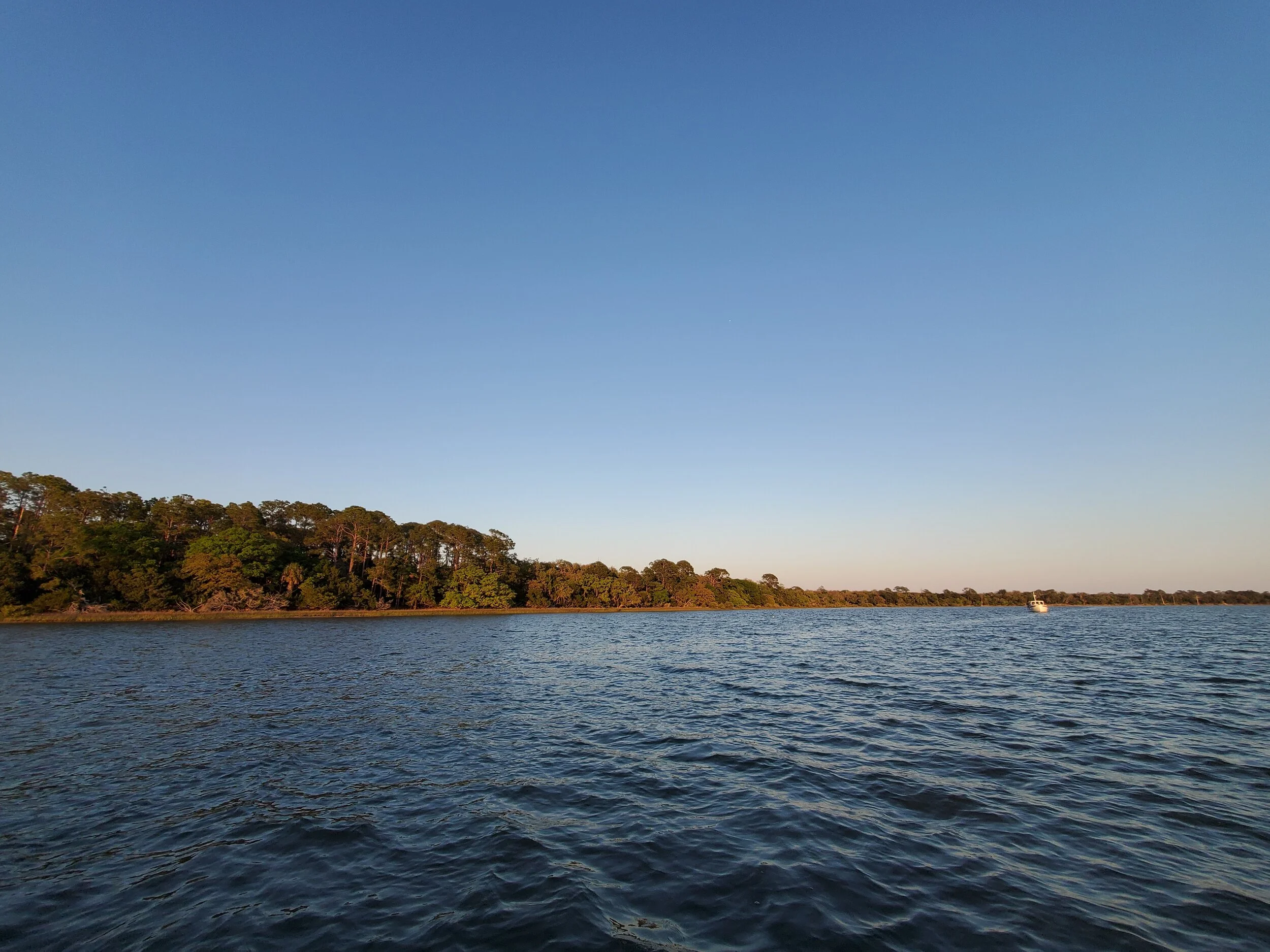 Our lovely anchorage, just north of St. Augustine, Florida; the Trawler Yacht TRANSITIONS is visible, anchored in the distance