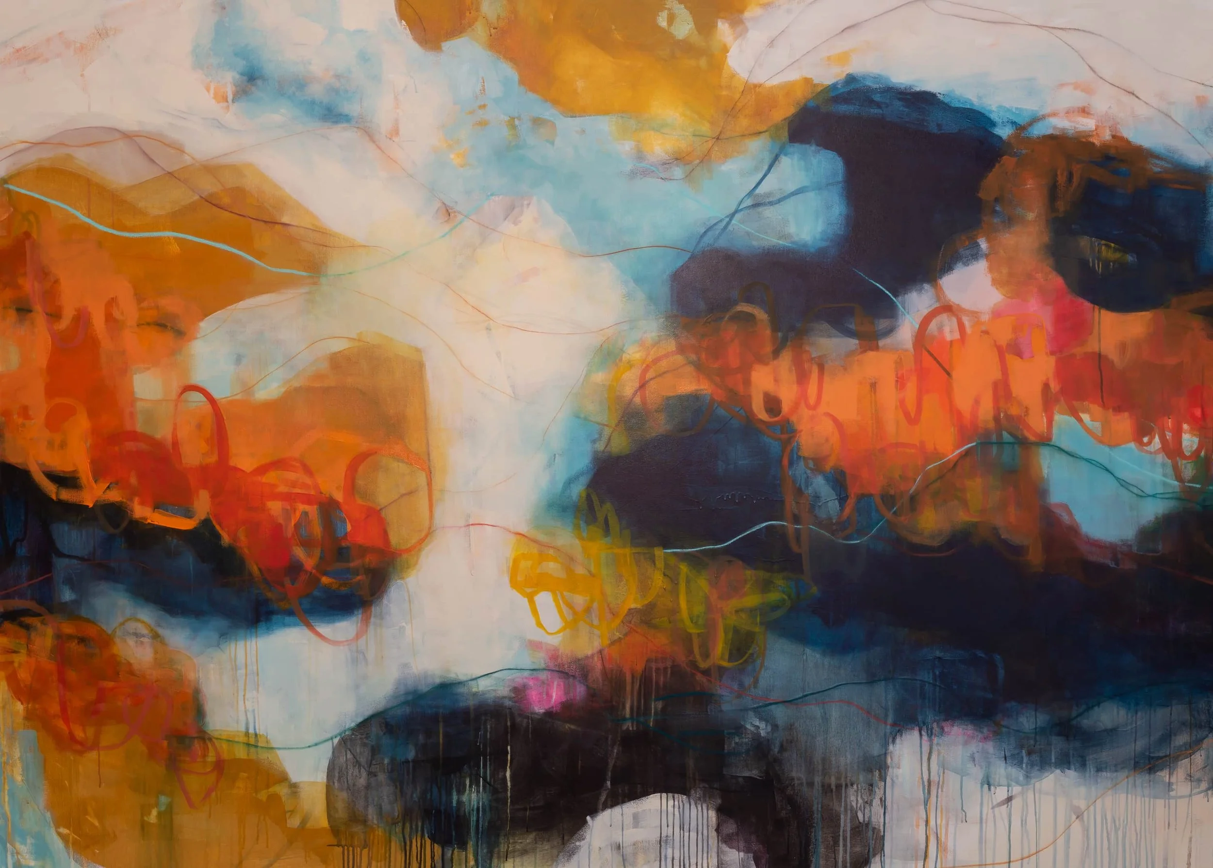 Sample of colorful large format abstract painting with bold shapes by Kat Green titled Neon Cowgirl.