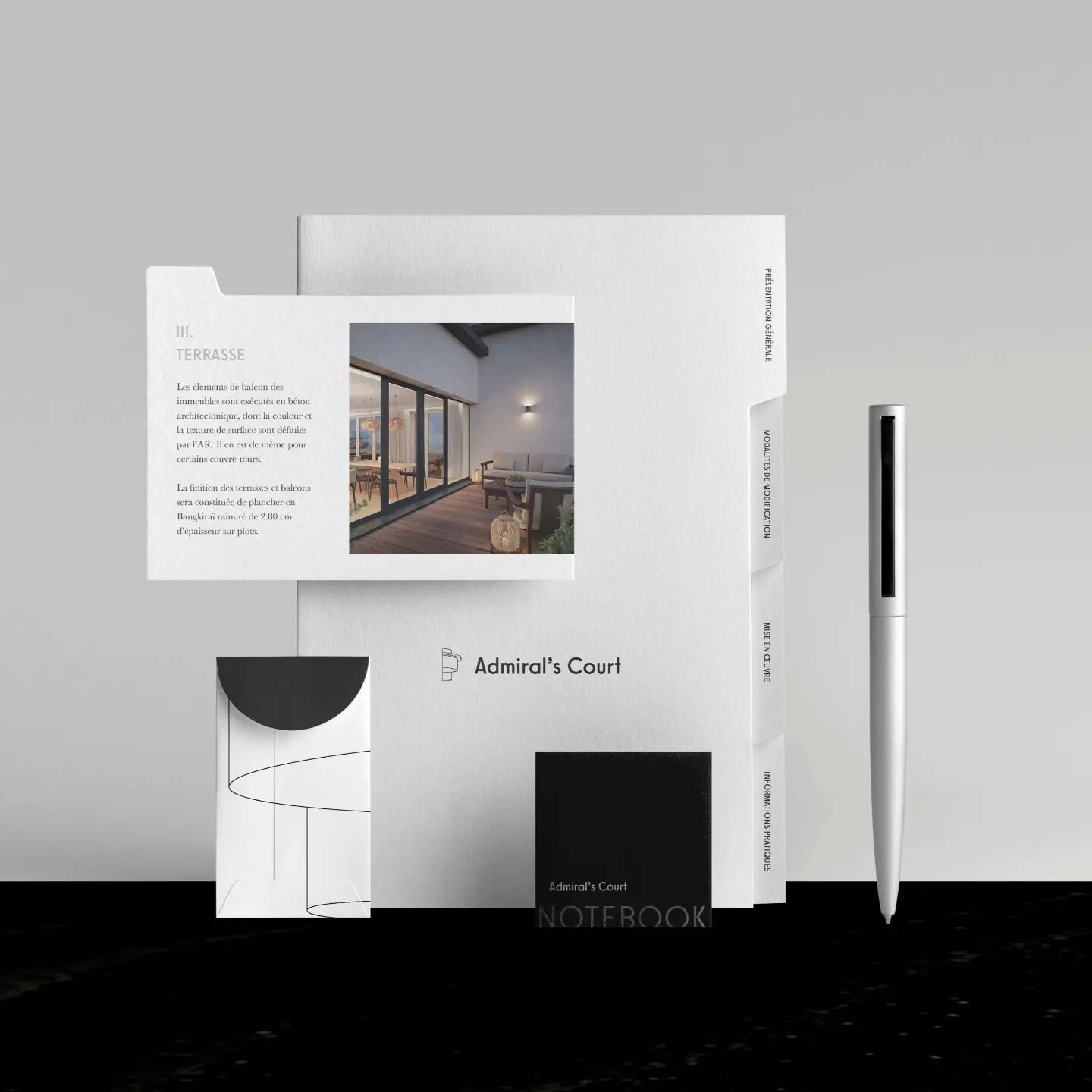 Create an identity &amp; a brochure concerning the new real estate project Admiral's Court. The architecture is inspired by Bauhaus style and black &amp; white materials.

#identity #graphicdesign #print #stationery #blackandwhite #bauhaus #font #log