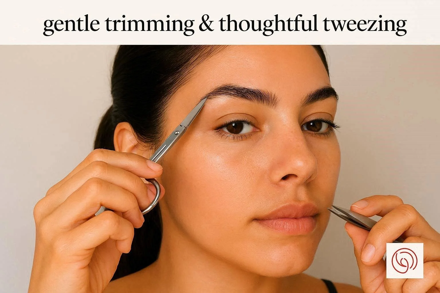 Woman gently trimming & tweezing her eyebrows