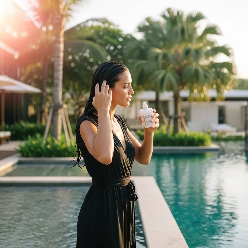 Woman applying coconut oil before swimming in a pool