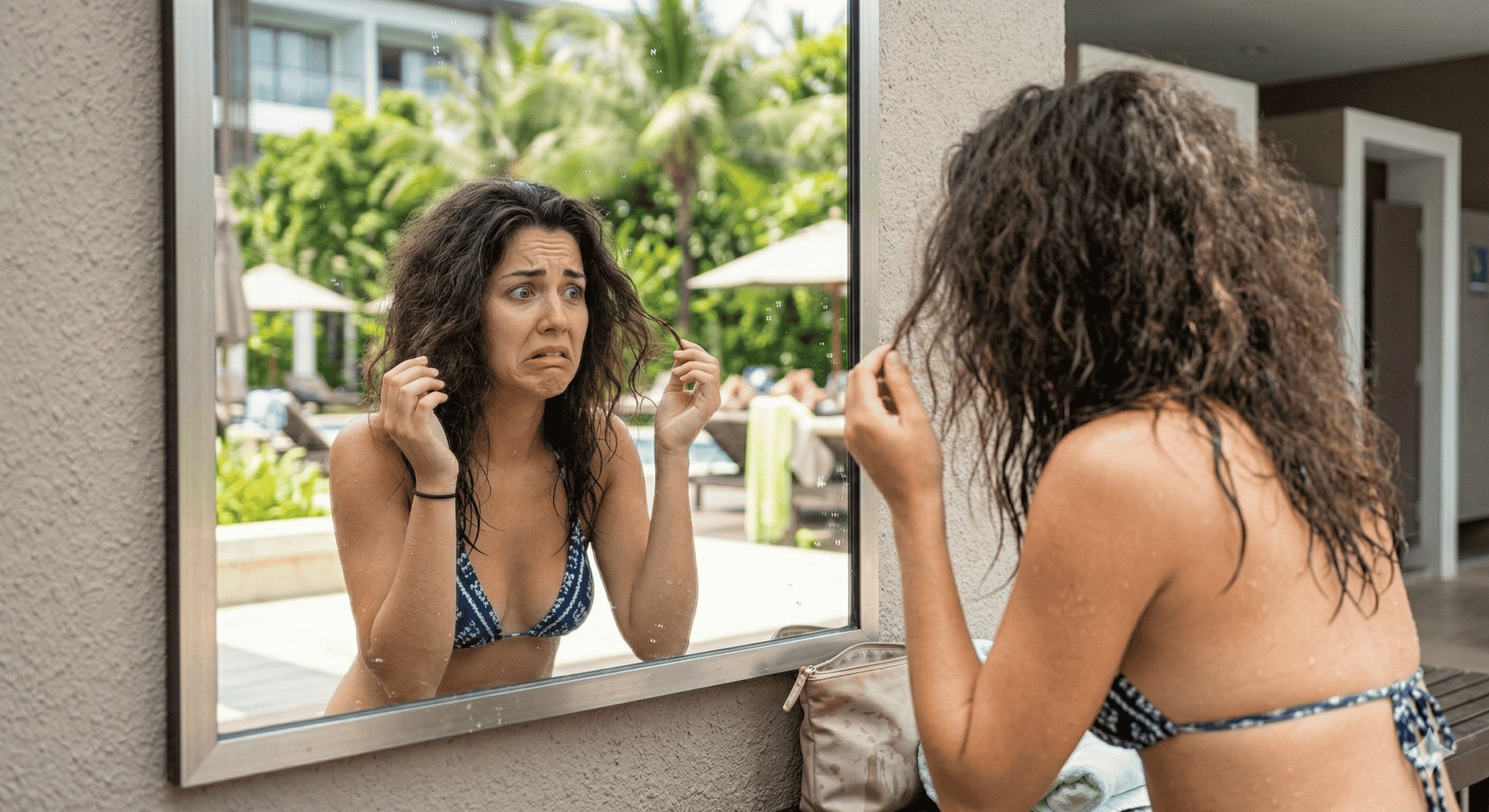 Woman stressed looking at her frizzy hair in a mirror after swimming